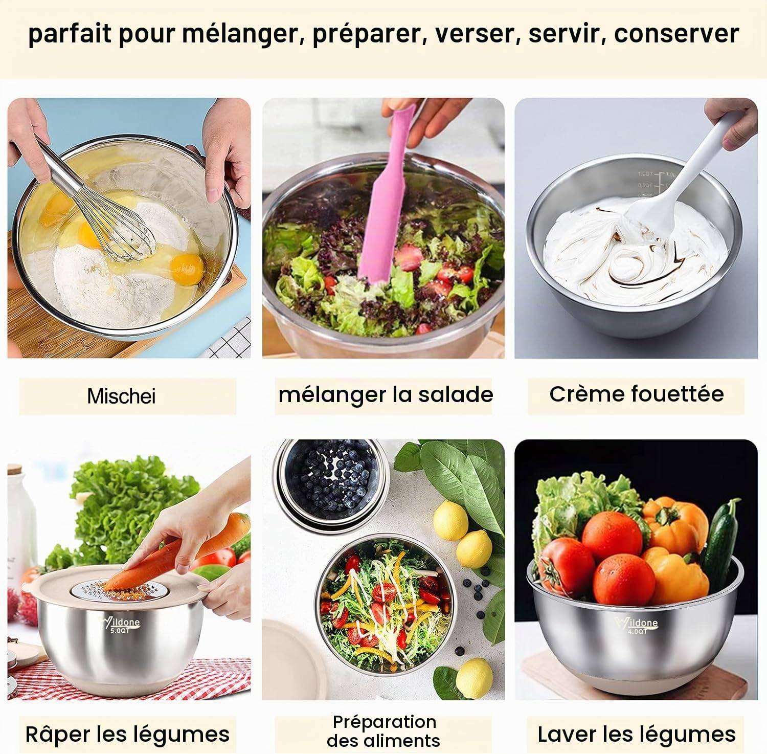 Terlulu Lot de 6 saladiers en acier inoxydable avec couvercle et fond en silicone, 3 embouts de râpe, 4,7 l/3,8 l/2,8 l/1,9 l/1,4 l/0,6 l, antidérapants et empilables, kaki