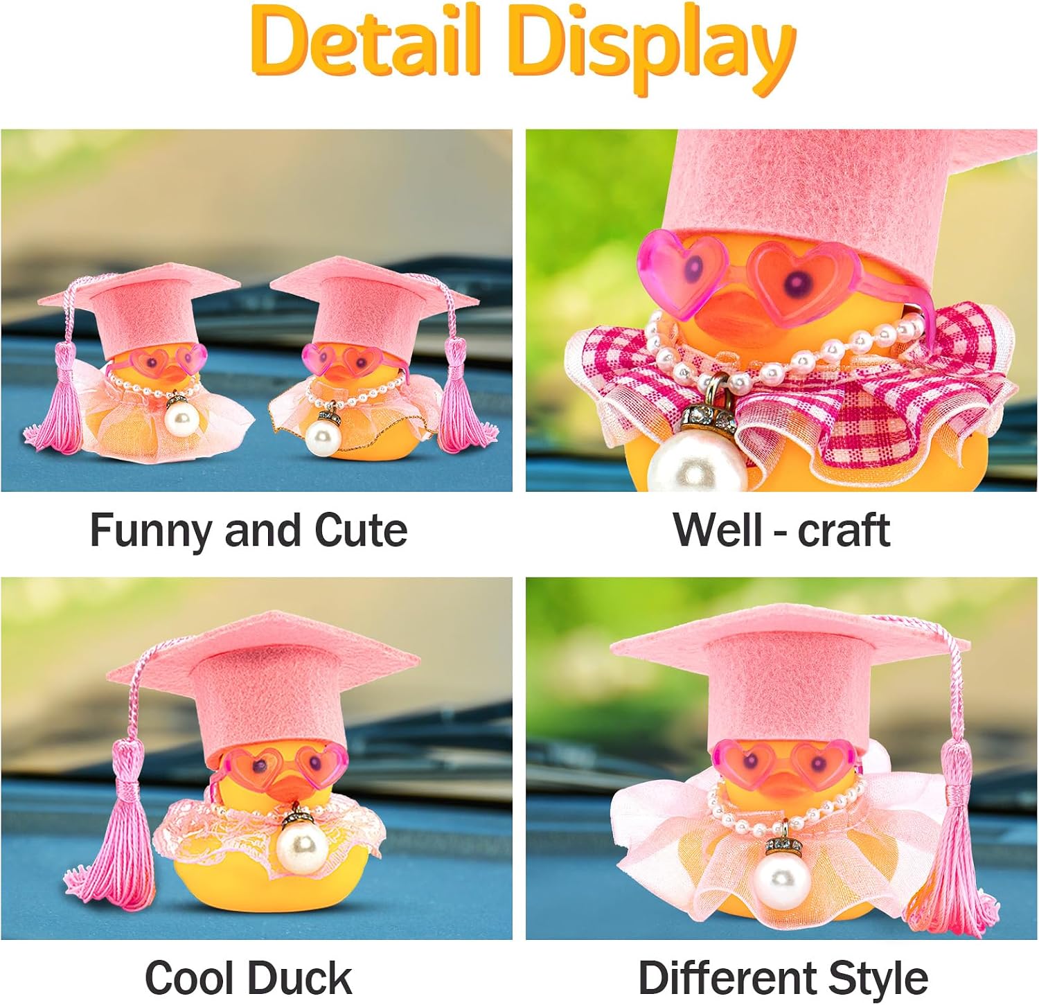 wonuu Car Dashboard Decor Pink Graduation Hat Rubber Duck, Car Ducks Ornaments with Necklace Heart Shape Sunglasses, Pearl Chain Silk Skirt