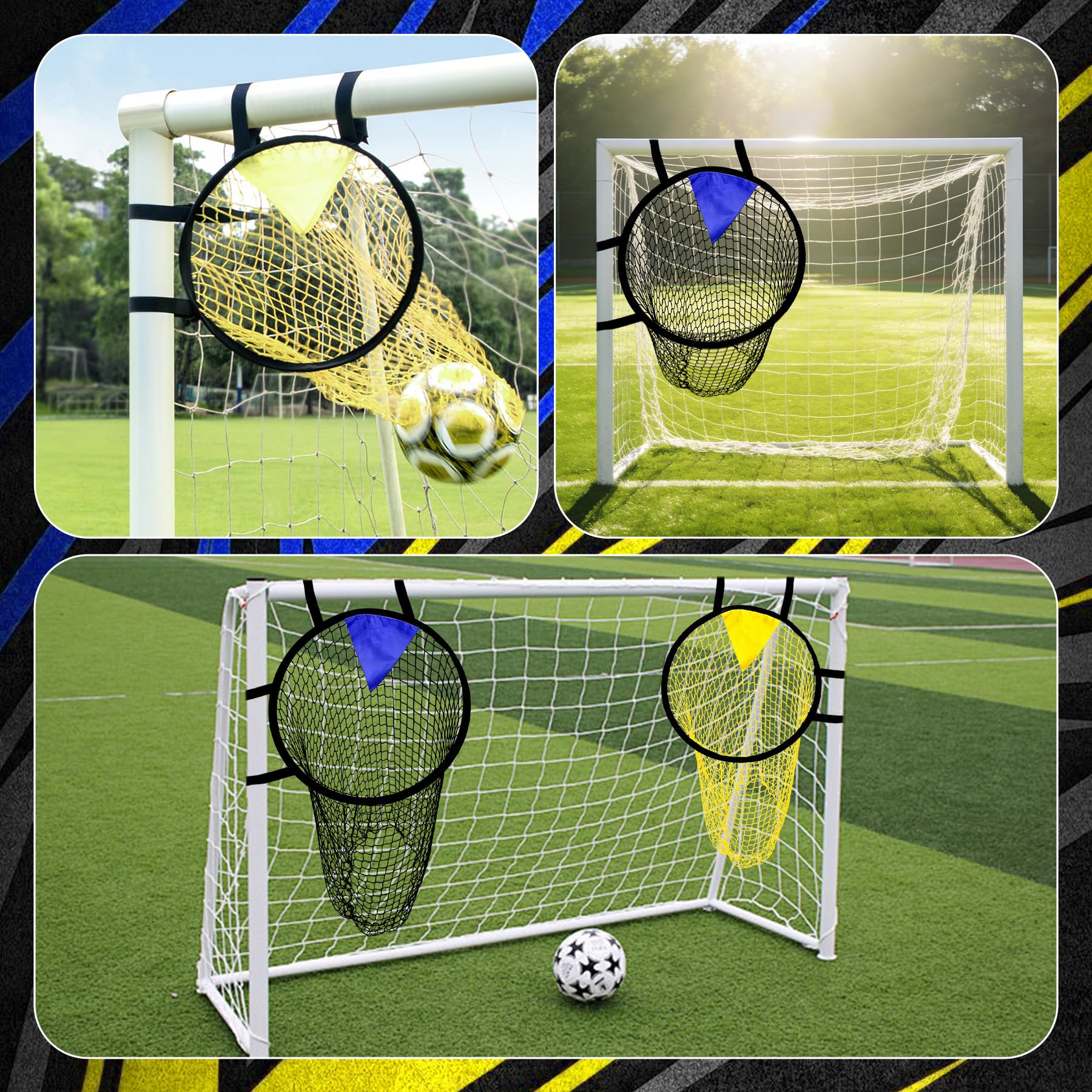 TZEKING 2Pcs Red de Objetivo de Fútbol, 2 Redes + 1 Objetivo Colgante, Contenedores Superiores para Entrenamiento de Tiro, Plegable con Correas Ajustables para Niños y Adultos