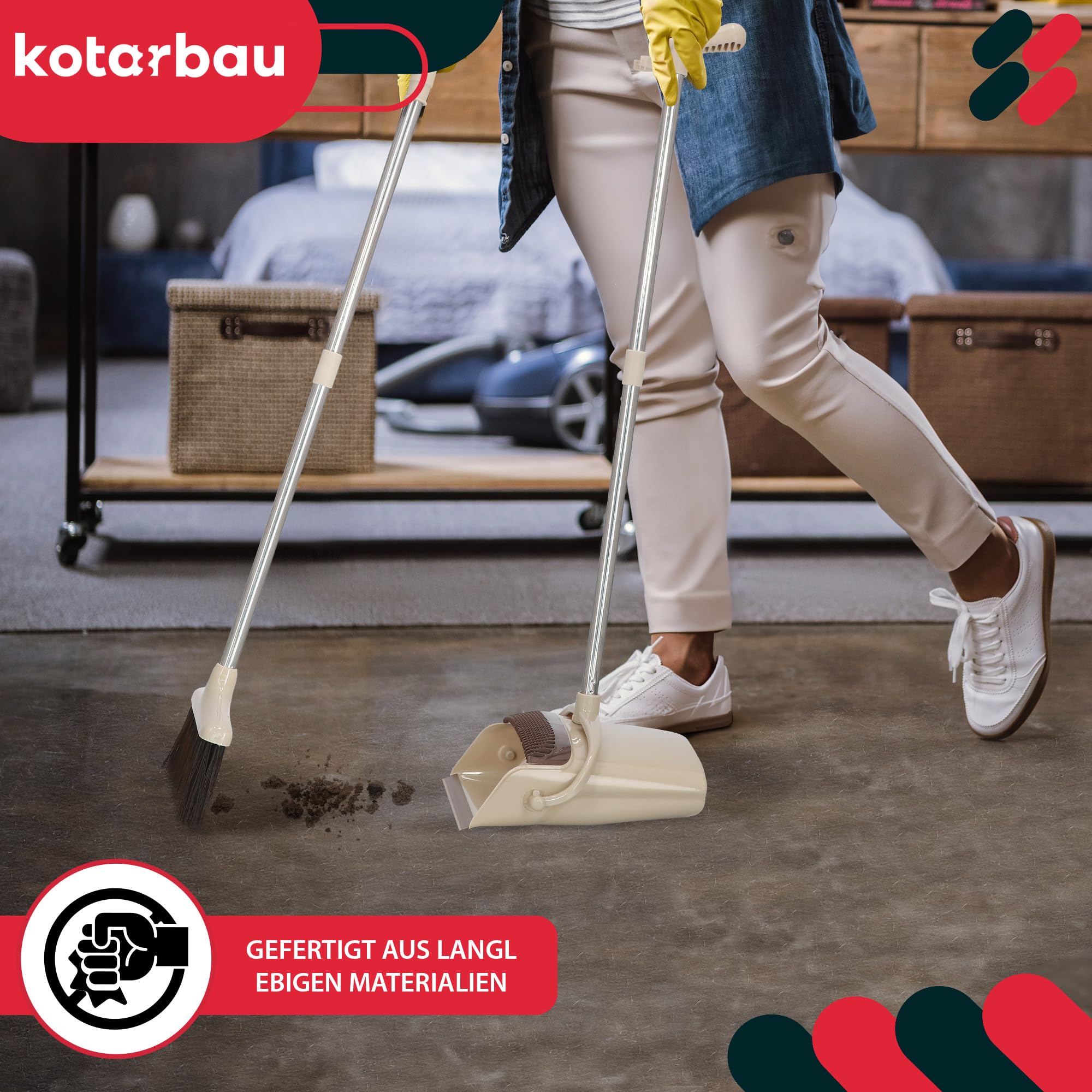 KOTARBAU® Set di scopa e paletta con manico lungo Alejandro, Scopa con manico e scopa senza piegarsi, Plastica e acciaio inossidabile, Ideale per pavimenti in linoleum, Colori: Crema, Nero, Argento