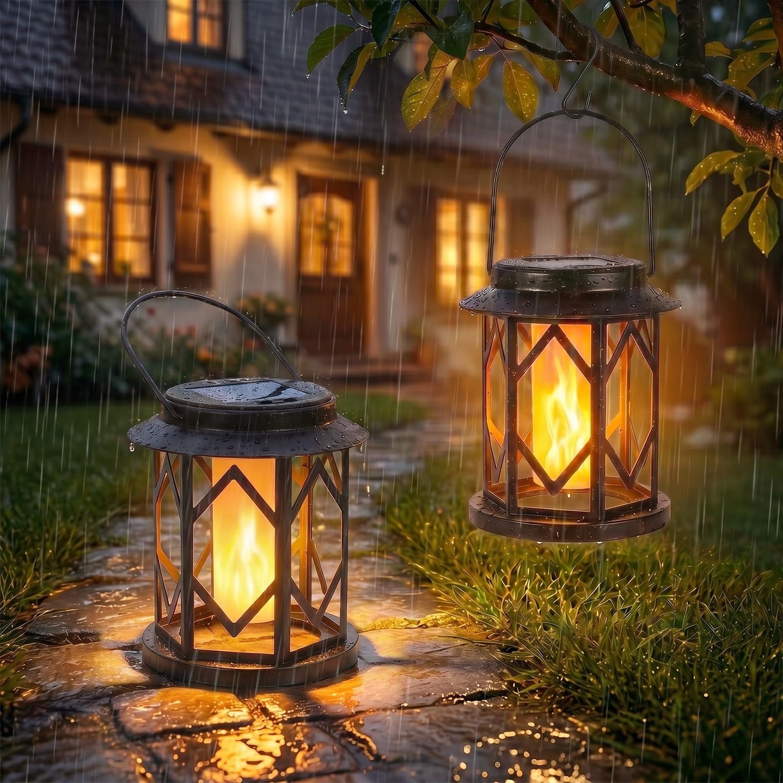 Ketom Solarlampen für Außen Hängend, Solarlaterne für Außen Stehend, Solar Flammen Laterne Gross, Solar Laterne Outdoor Metall, IP65 Wasserdicht, für Garten Terrasse Balkon Festliche Deko, 2 Stück