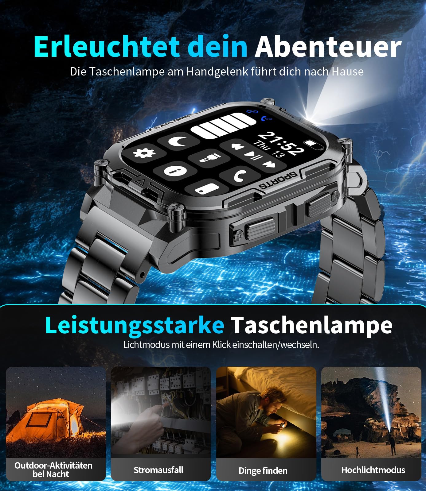 Smartwatch Herren Militär-1000mAh/2.01'' HD Große Display/LED-Licht,2 Armbändern/Fitnessuhrmit Taschenlampe/120+ Sportmodi,Fitnessuhr mit Herzfrequenz/Schlafmonitor,für Android iOS, Schwarz