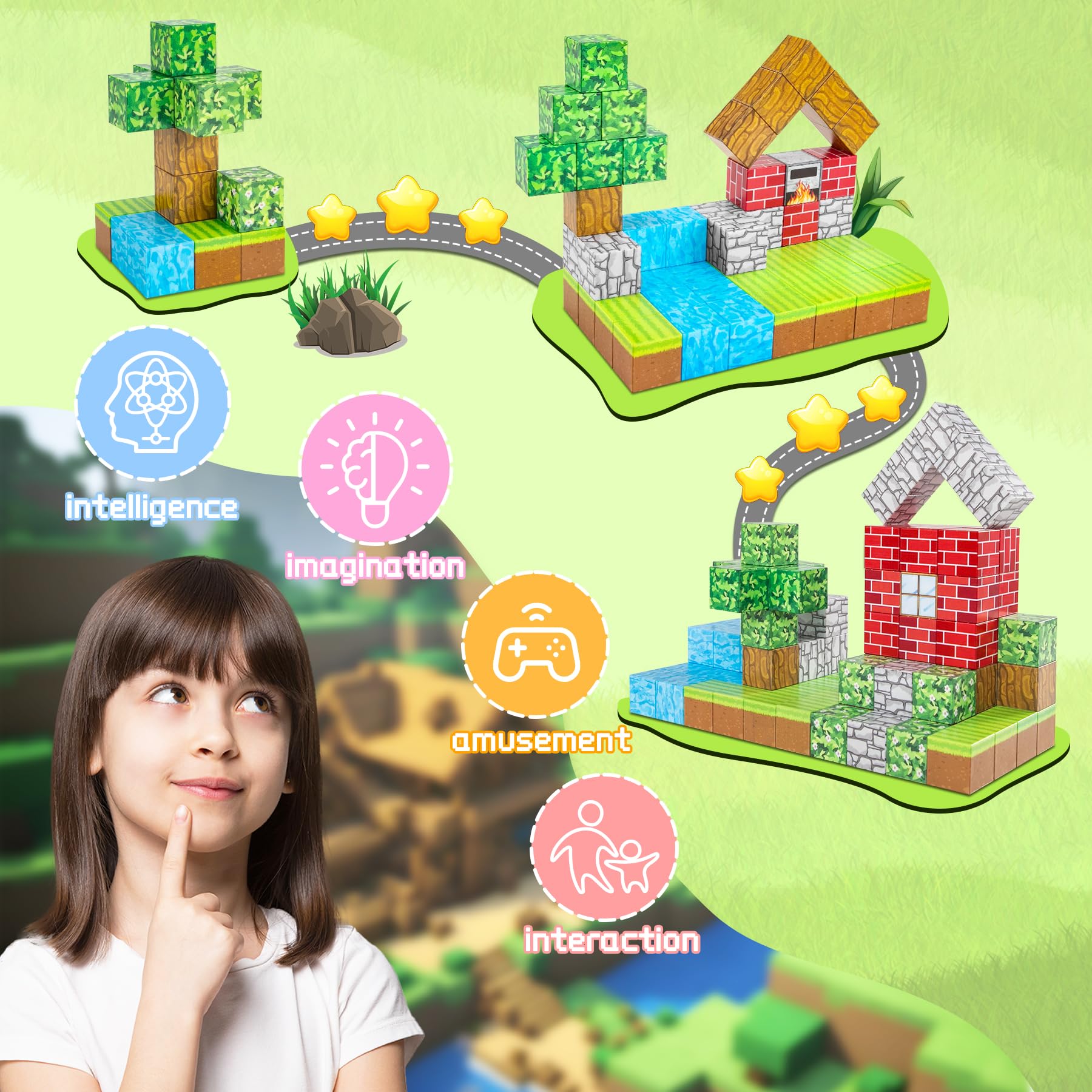 BABECTOY Costruzione magnetica - Giocattoli educativi magnetici per bambini e bambine di 3, 4, 5, 6, 7, 8 anni - Giocattoli sensoriali Montessori per bambini - 54 pezzi