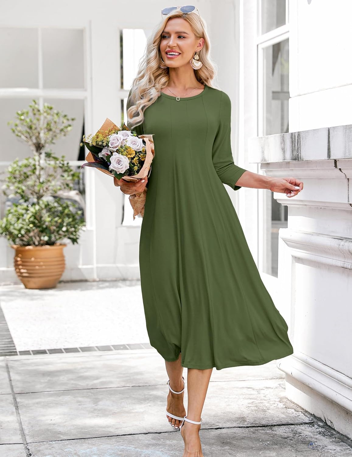 HOTOUCH Women's 3/4 Sleeve A-line and Flare Midi Long Dress - Image 3