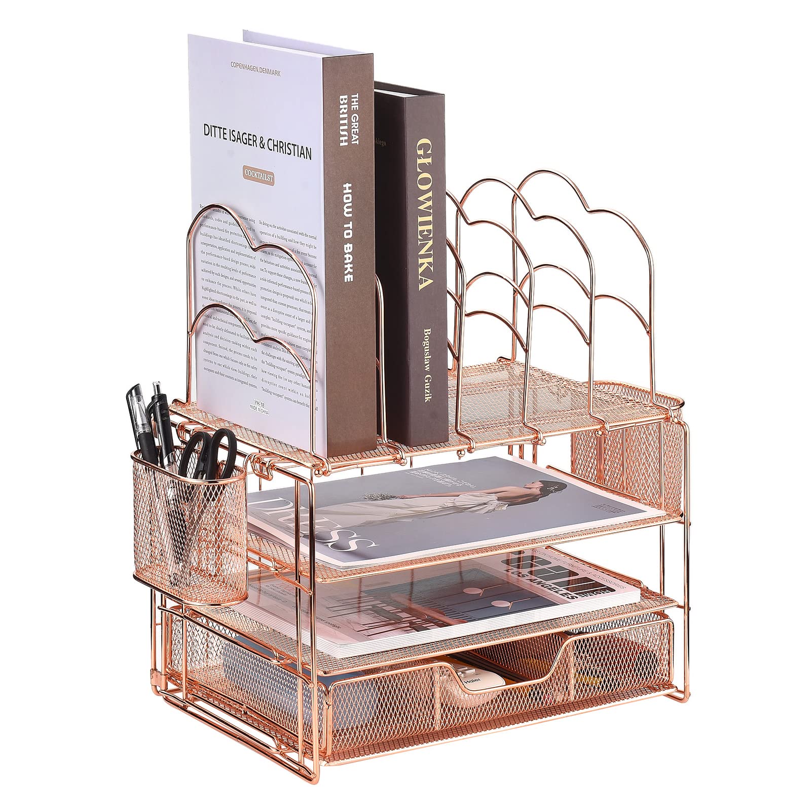 Organizer da Scrivania in Metallo, Organizzatore di File da Scrivania in Rete a Strati con 5 Portadocumenti Verticali e 2 Portapenne, Organizer da Scrivania Multifunzione per Casa(Oro Rosa)