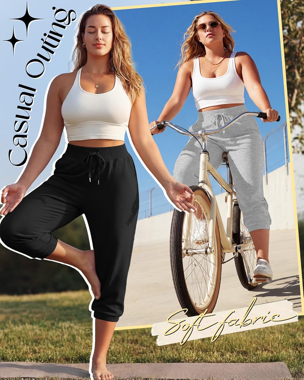 3 Pack Women's Plus Size Capri Sweatpants Athletic Joggers Cropped Lounge Pants Elastic Drawstring with Pockets