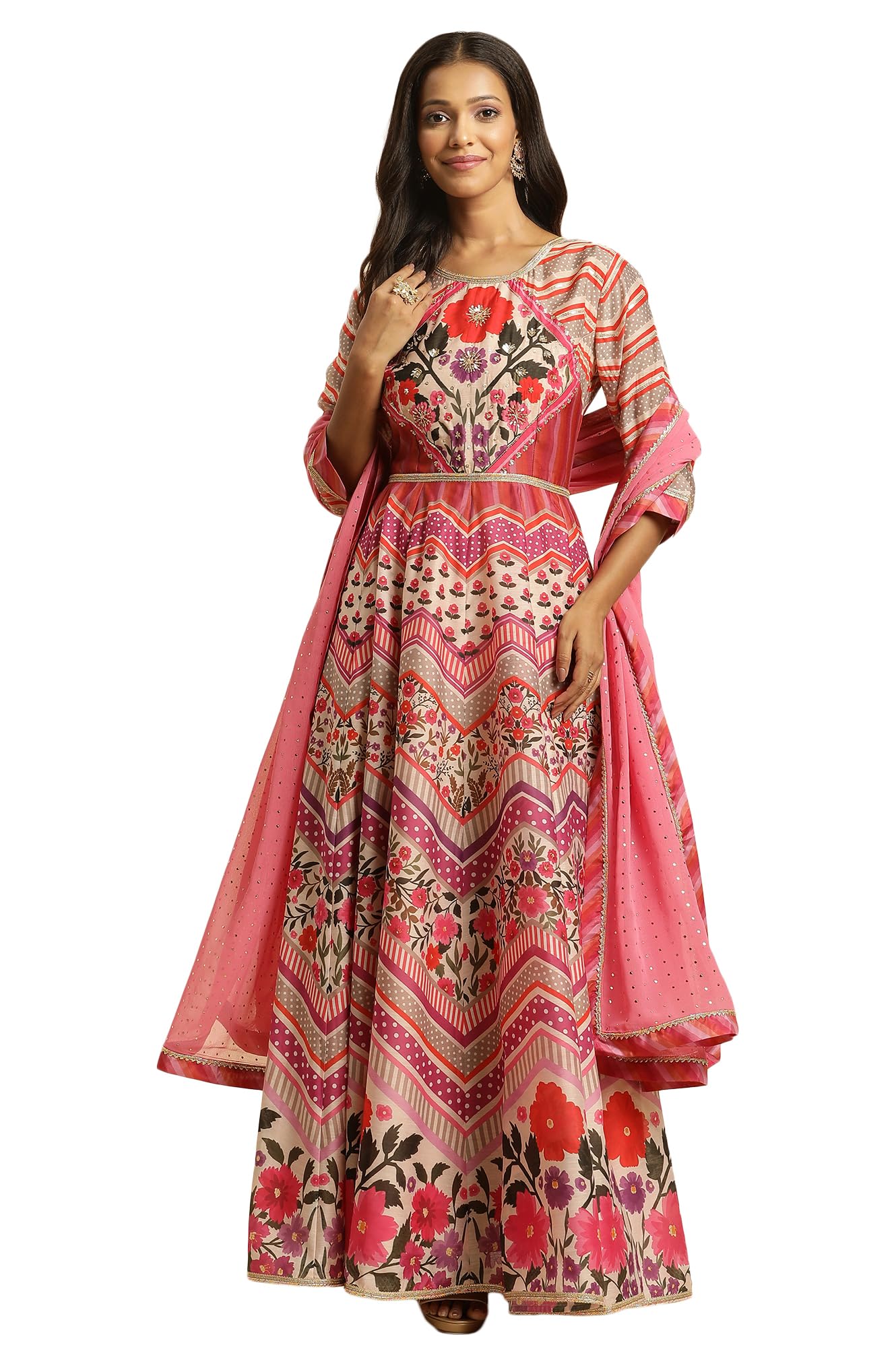 Women's Polyester Multi-Coloured Floral Printed Anarkali Dress and Dupatta Set Ankle Length-image-4