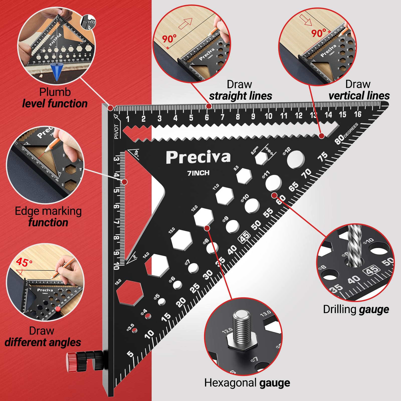 Preciva Speed Square 18cm with Angle Locator & Hex Nut Finder, Set Square Carpentry Kit with 5m Tape Measure and Storage Tool - Image 4