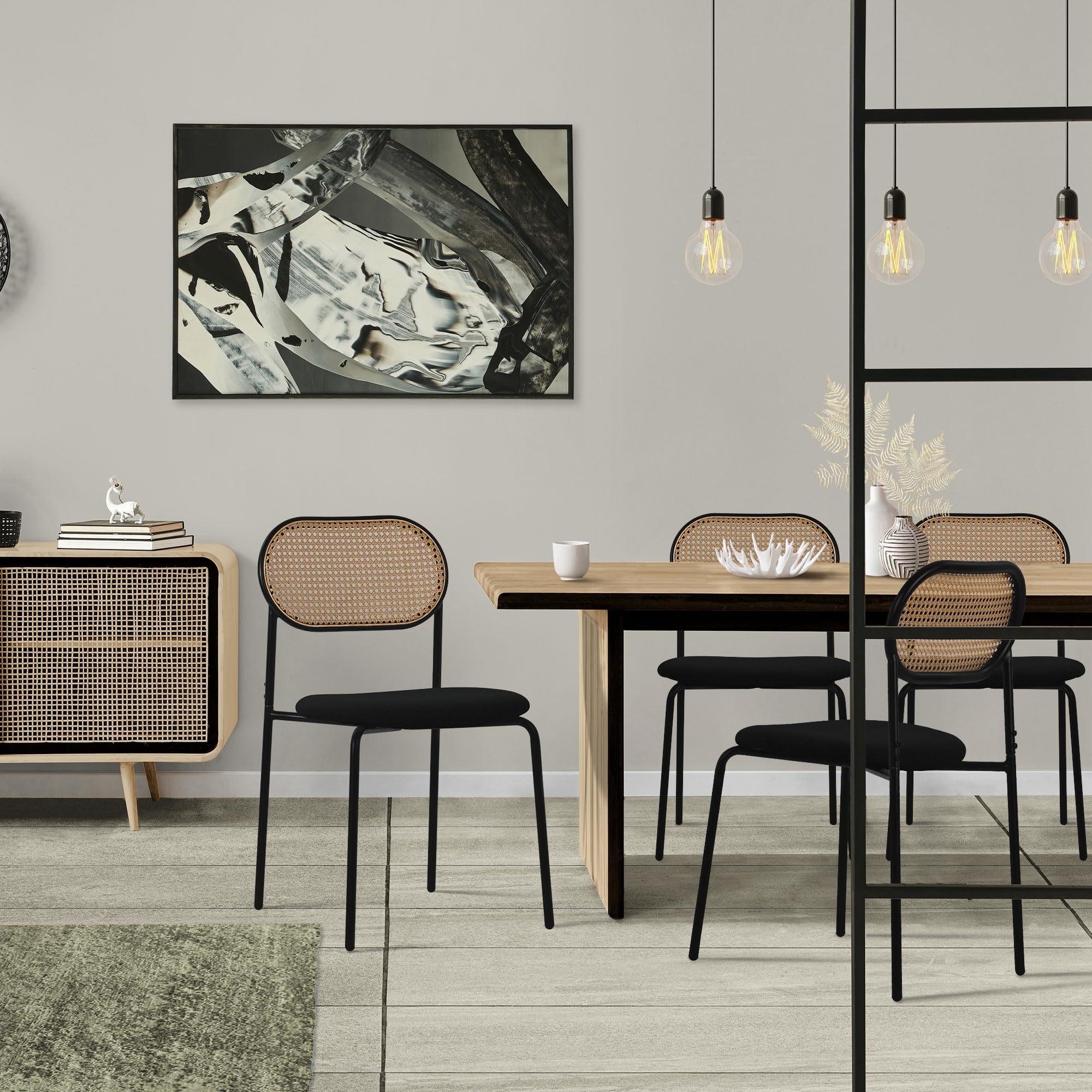 ML-Design Juego de 4 Sillas de Comedor Color Negro Asiento Moderno de Cocina con Respaldo Curvado de Rejilla Tapizado con Patas de Metal, Mueble sin Reposabrazos Sillón Ratán Moderno para Salón