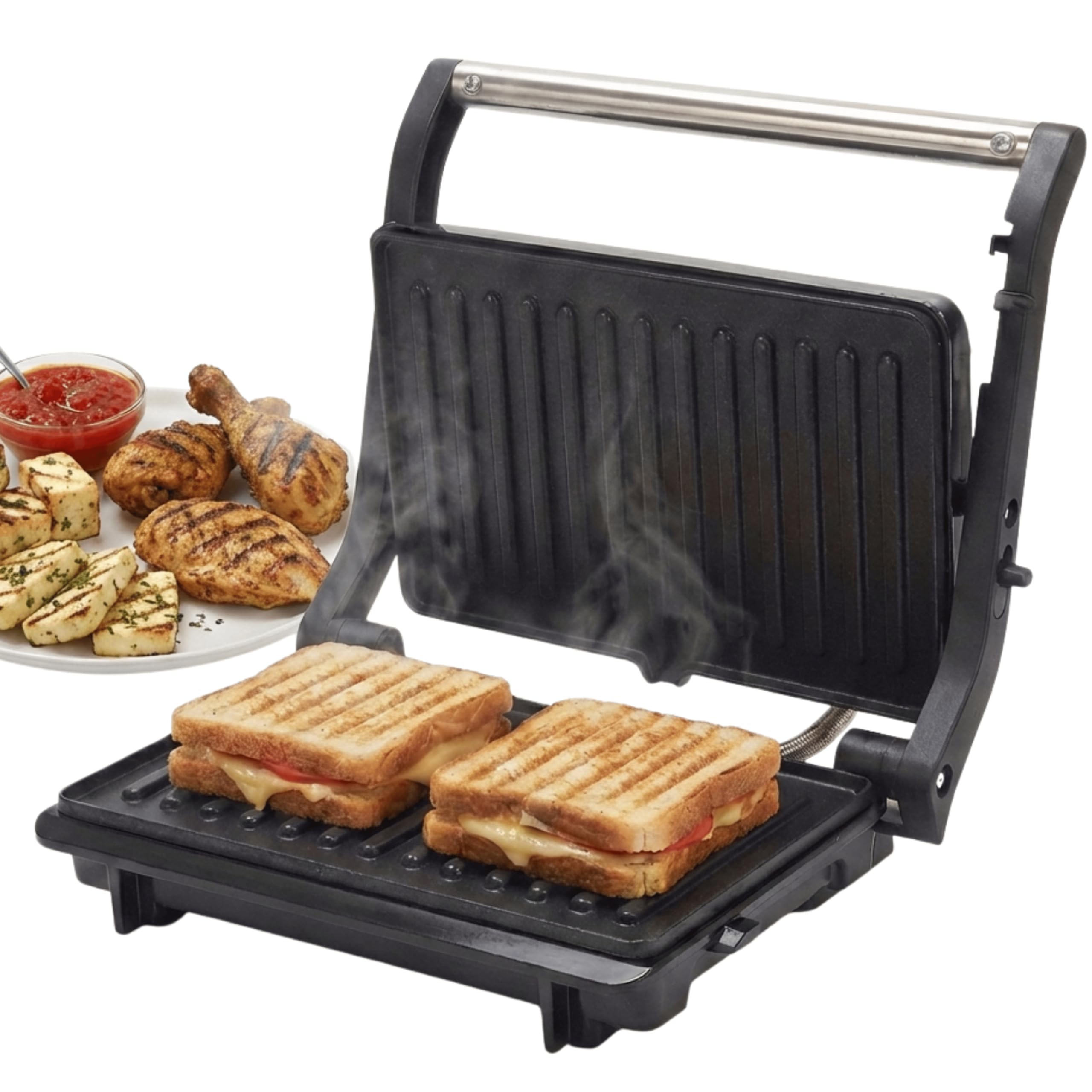 Libra Sandwich Maker Electric - 1000 W 2 Slice Sandwich Griller and Toaster with Non Stick Plates Opens to 180° Grill Toast Electric Griller with Cool Touch Handles, Temperature Control and Drip Tray