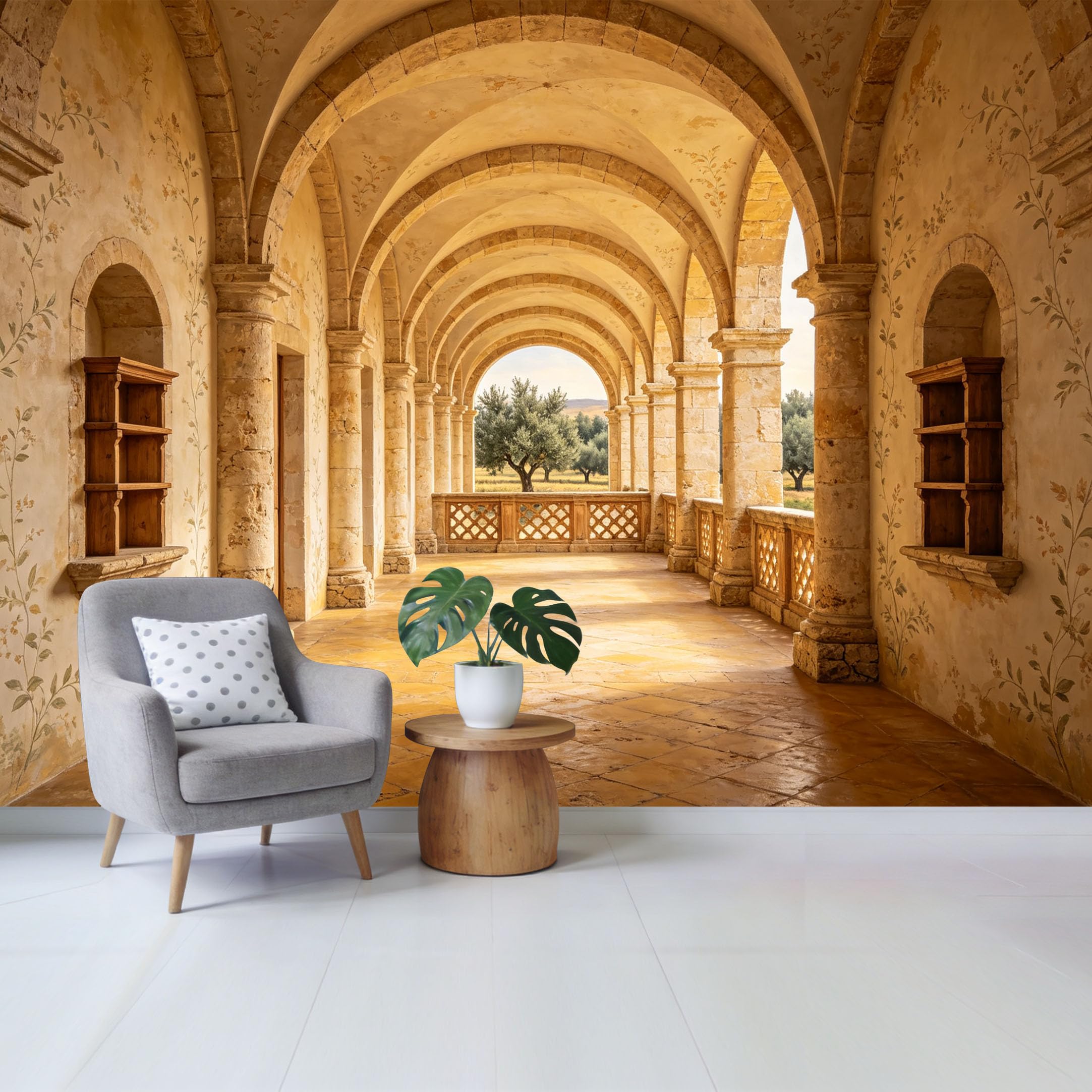Custom Size Wall Mural Mediterranean Stone Arch Corridor with Olive Trees Landscape Removable Self Adhesive Fabric Home Wall Decor for Living Room Bedroom Bathroom