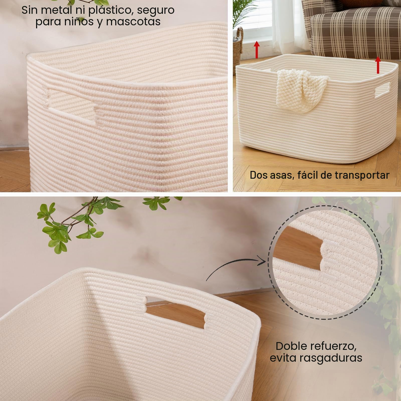 OIAHOMY Cesta grande de cuerda de algodón de 75 L con asa, cesta de almacenamiento tejida para mantas, juguetes, sala de estar y guardería, 22 x 17 x 12 pies, color blanco