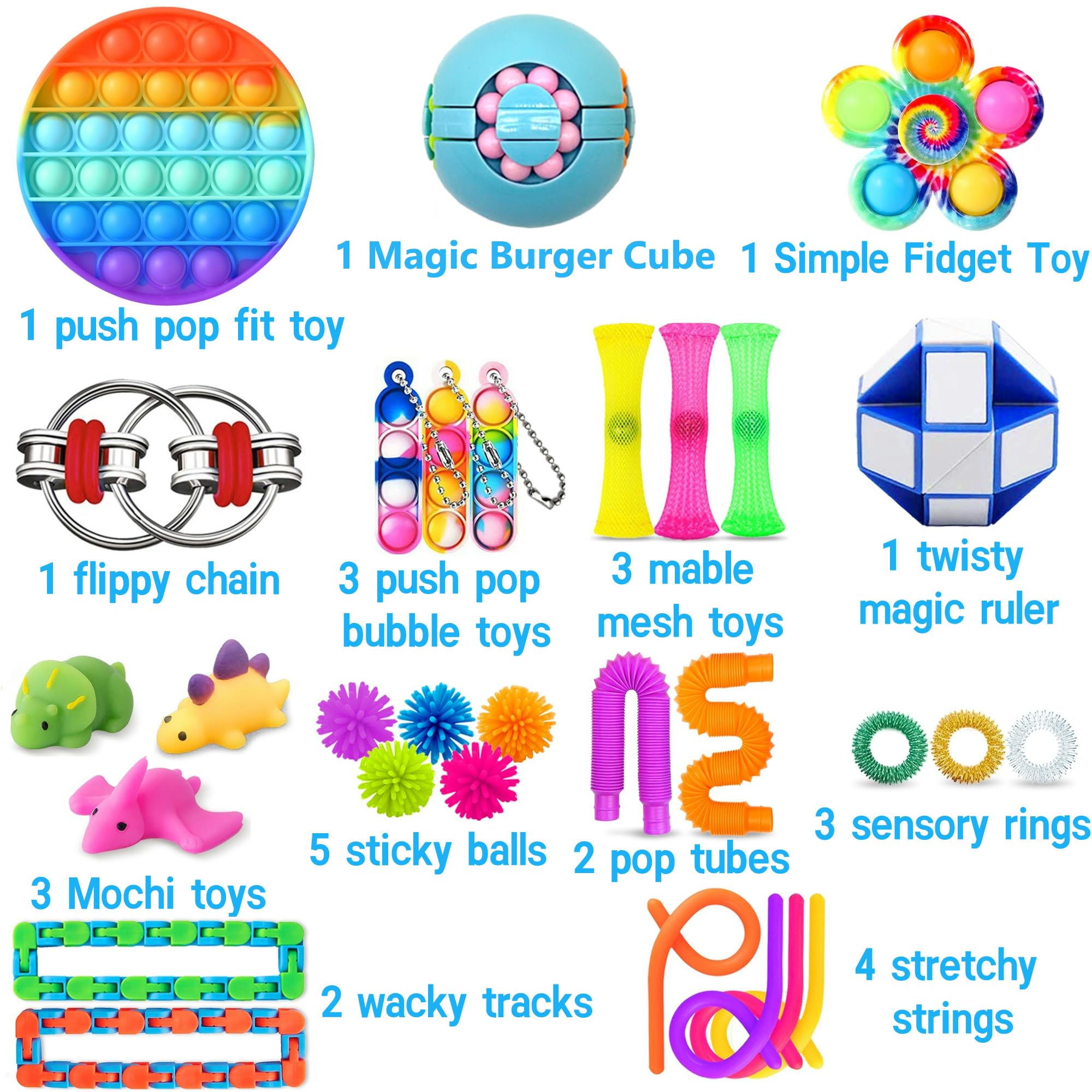 Chennyfun Fidget Sensory Toy Set, 30PCS Jouet Anti-Stress Kit, Fidget Cube Jouets Anti-Stress Jouet à soulagement du Stress, Mochi Toys, pour Enfants avec Soulagement de l'anxiété,Autisme et TDAH