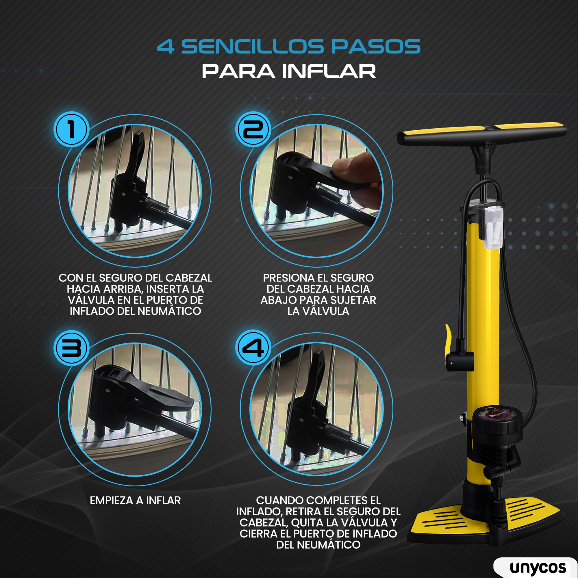 unycos - Bomba de Bicicleta con Manómetro de Alta Presión y Válvulas【Presta | Schrader】 160 PSI/11 Bar | Inflador de Ruedas, Neumáticos, Pelotas, Flotadores, Anillos de Natación, 63x23 cm — view 6