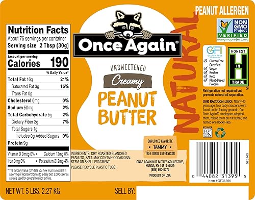 Miniatura 2 de Once Again Mantequilla de maní natural, cremosa, de 5 libras (igual que 5 frascos), ligeramente salada, sin azúcar, certificado sin gluten, vegano,