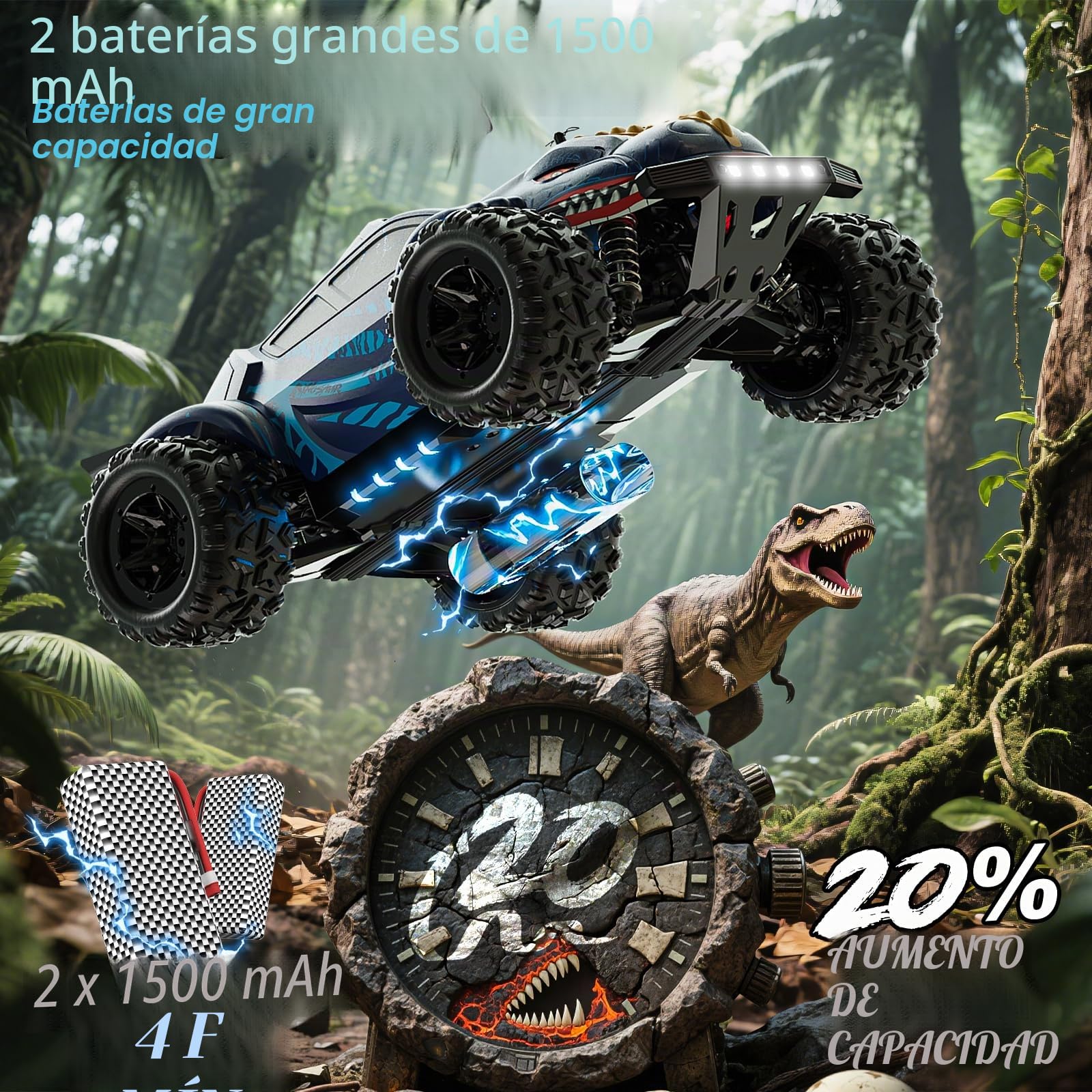 DEERC 9308E 1:16 Coche Teledirigido Monster Truck Rápido 40 KM/H, Camión RC Dinosaurio 4 Ruedas Motrices Alta Velocidad, Coche RC Todo Terreno 2,4 GHz con 2 Baterías y 2 Carcasas para Niños