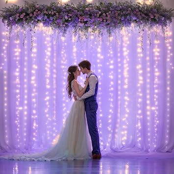 Sheer Curtains with Lights String Purple Tulle Curtain for Living Room Bedroom Parites Wedding Birthday Decorations 2 Panels 60" Wx96 L