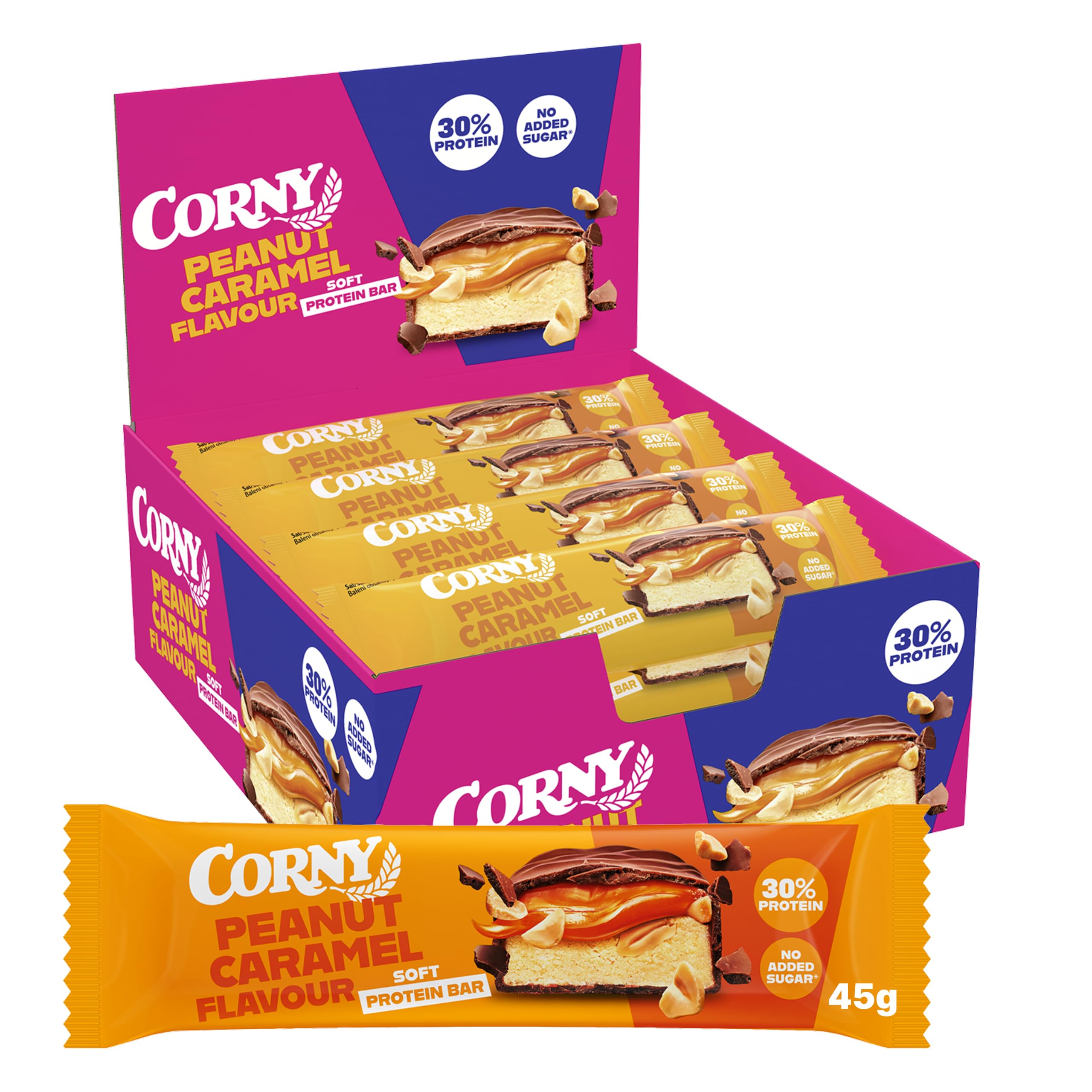 Corny Protein Soft Chocolate, Cacahuetes y Caramelo, 13,5 g, 12x45 g | 0% Azúcares Añadidos, Textura Suave, Ayuda a la Recuperación Muscular, Snack Fitness Deporte y Gimnasio