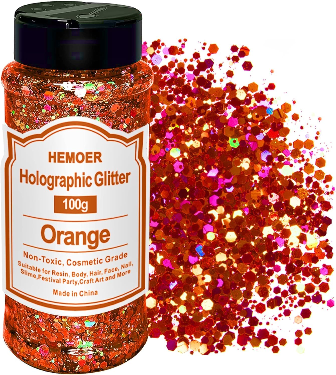 HEMOER Pumpkin Orange Glitter, 100g/3.5oz Holographic Chunky Glitter Mixed Hexagon Chunky & Fine Flakes Thanksgiving Sequins for Epoxy Crafts, Resin,