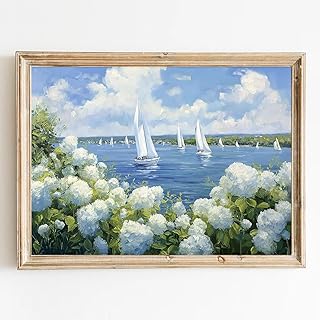 Seaside Hydrangea Wall Art Coastal Sailboat Print Nantucket Artwork for Walls Vintage Hydrangea Poster Seascape Landscape Pictures Coastal Beach Paintings Sailboat Artwork 24x16inch No Frame
