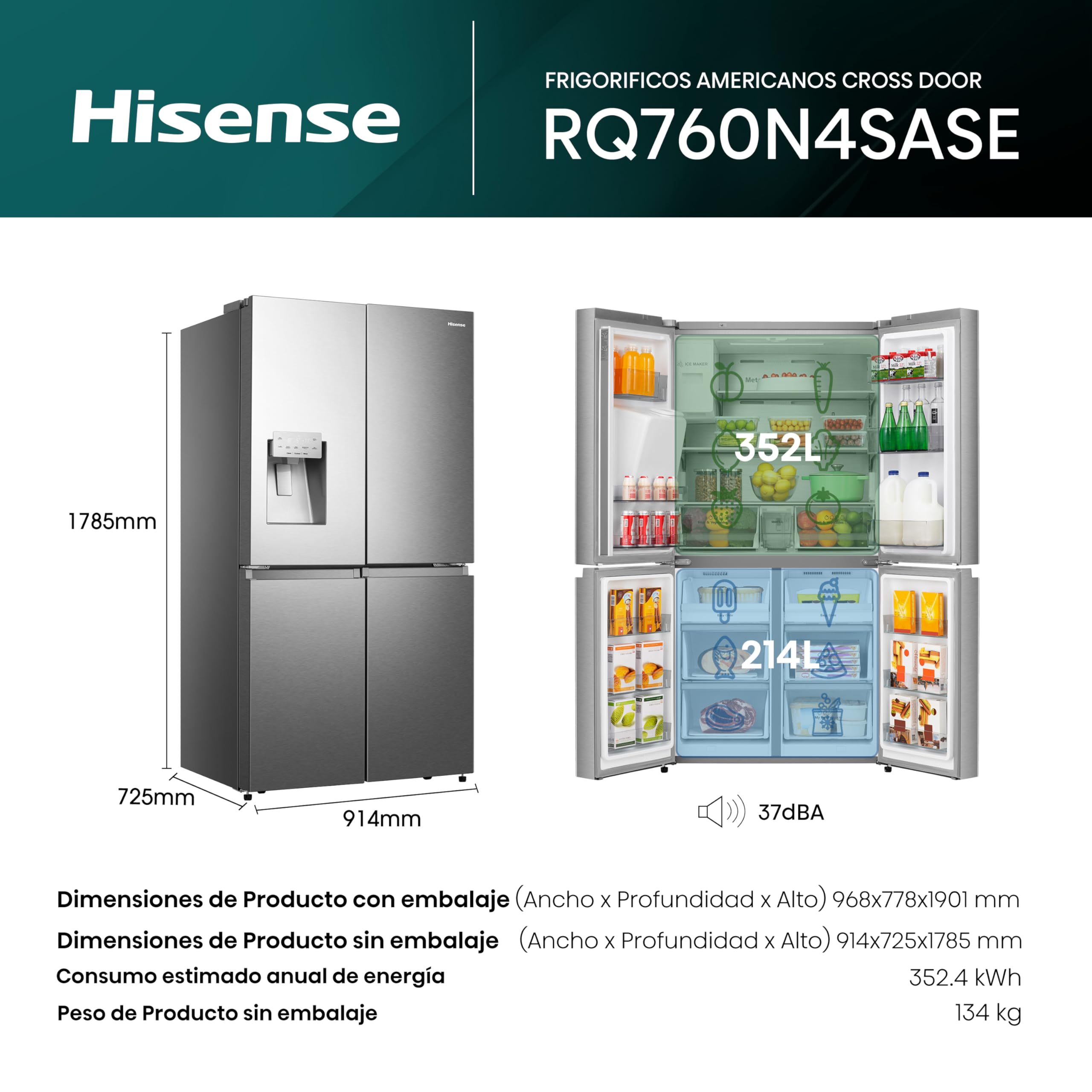 Hisense RQ760N4SASE - Frigorífico Americano Cuatro Puertas, No Frost, Puerta Cajón Frances, Total No Frost, Capacidad Neta 584 L, 1.78 m,Silencioso, Inox