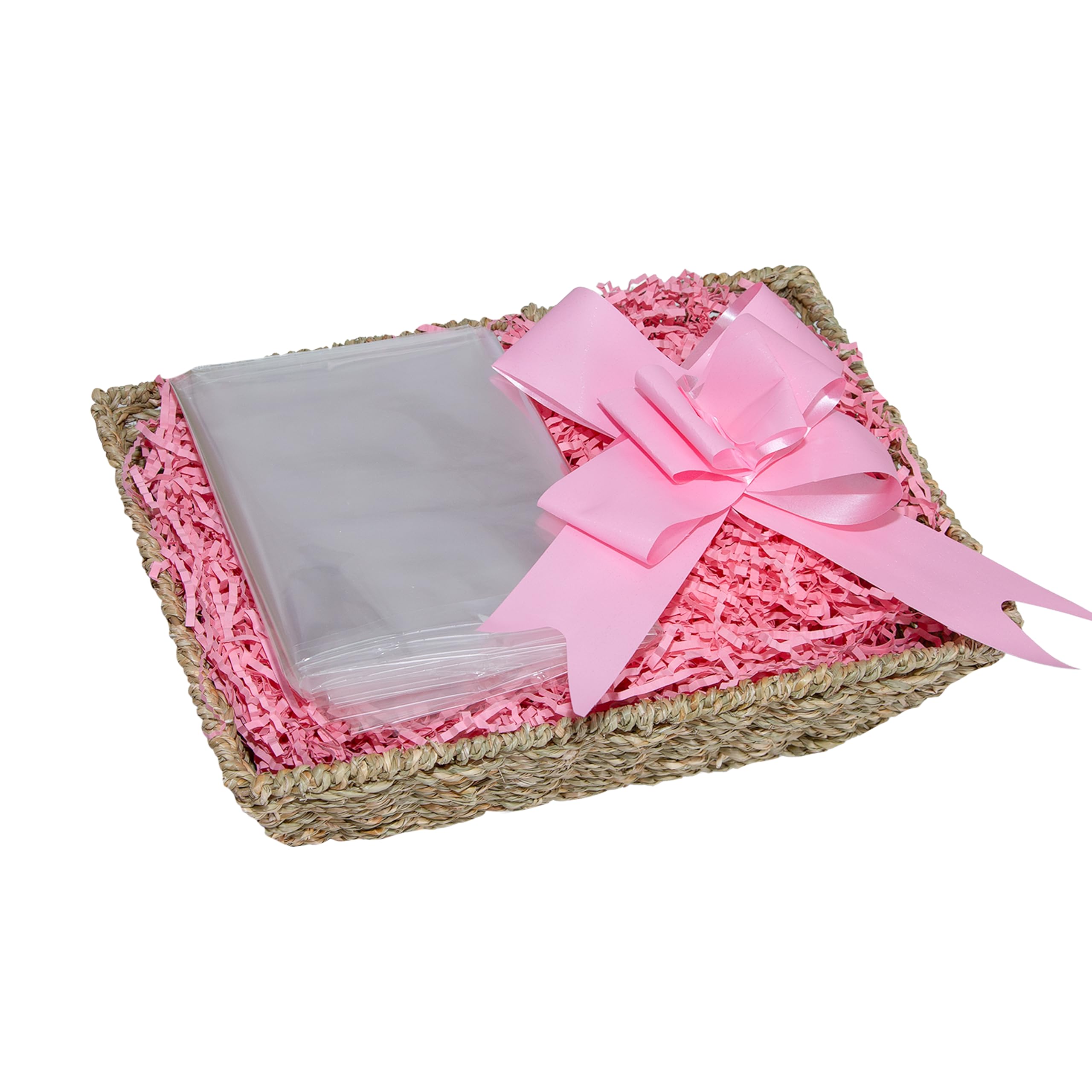 Wickerfield Seagrass Basket, Pink Filling Gift Hamper Basket Kit With Shredded Paper, Make Your Own Gift Hamper, Paper Rope Storage Organiser, Seagrass Baskets, Woven Wicker Basket (Seagrass Basket, Pink Filling)