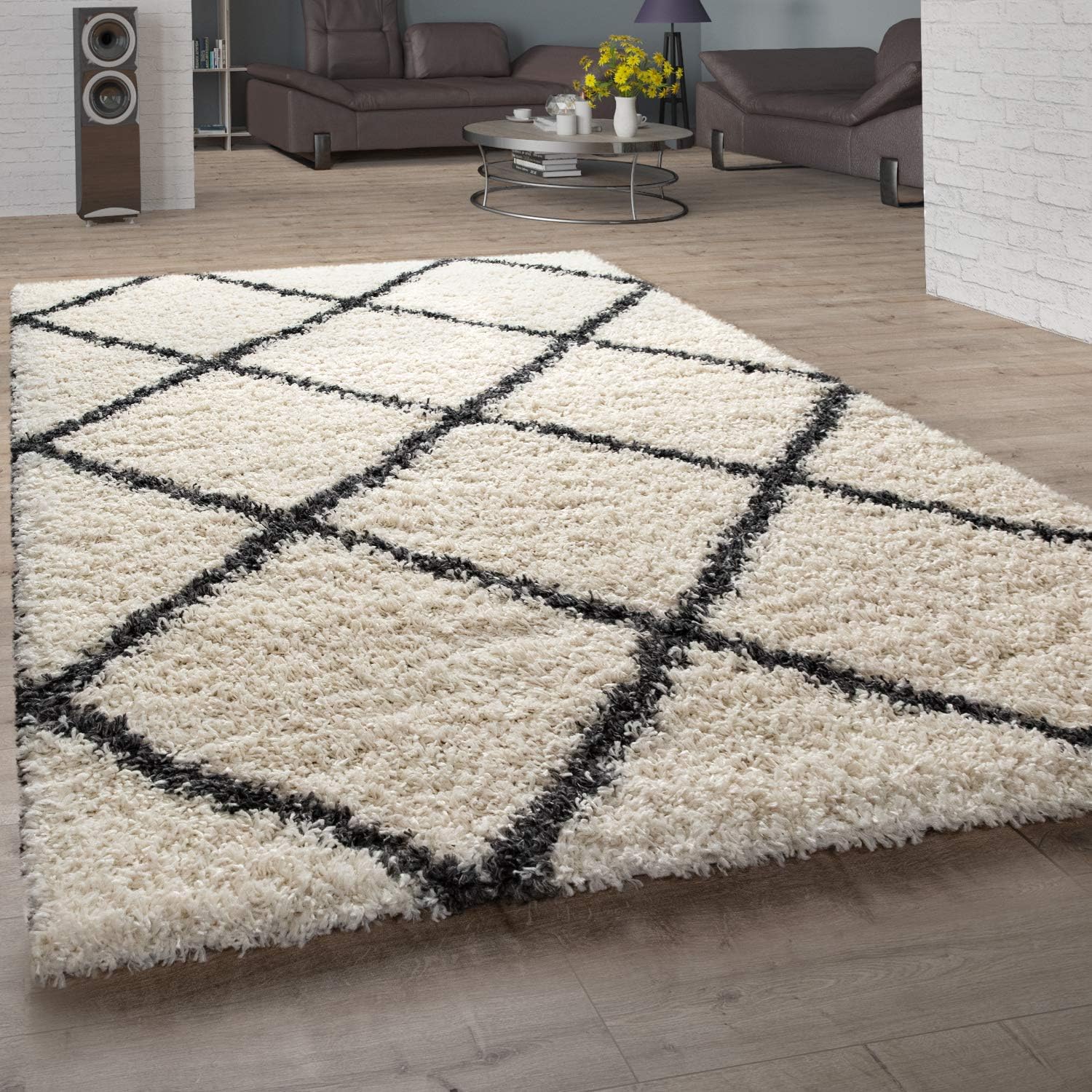 Paco Home Deep-Pile Rug, Shaggy For Living Room, Scandi Design And Diamond Pattern In Beige, Size:200x280 cm