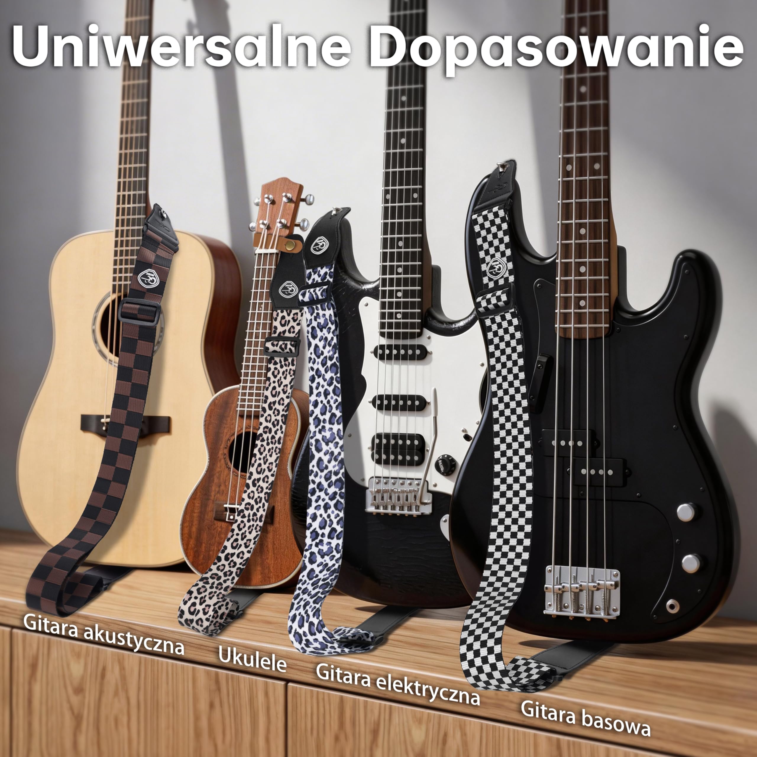 SUNYA Pasek do gitary nylonowy, szerokość 5 cm z końcówkami ze skóry licowej, zawiera gumowe blokady i kostki, regulacja 88-145 cm do gitar akustycznych, elektrycznych i basowych