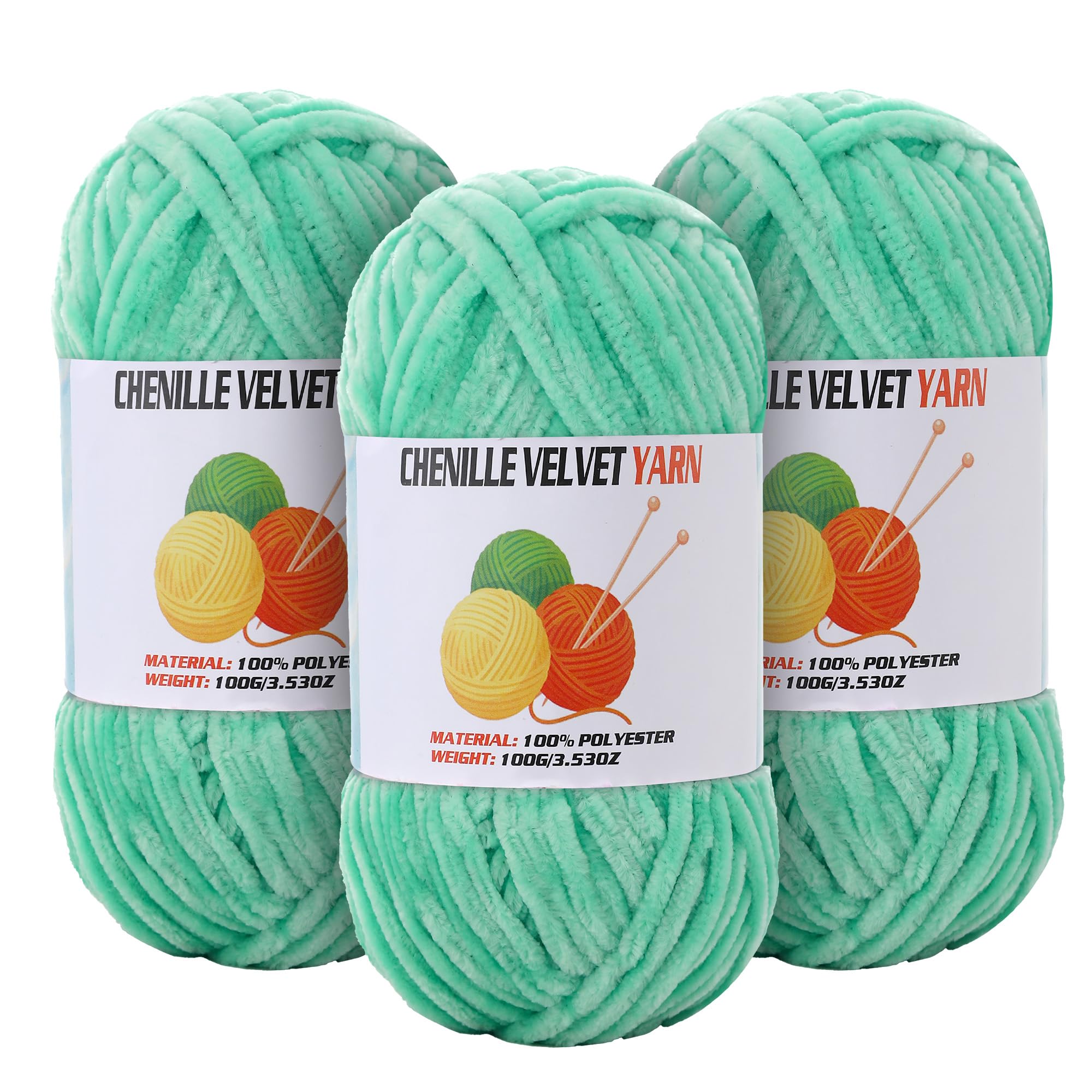 3 * 100g Velvet Chenille Chunky Yarn for Crocheting, Handcrafts Weaving Soft Chenille Yarn for Crocheting Clearance, Used for Making Baby Yarns Blanket, Clothes, Knitting Creations (Cyan Green)