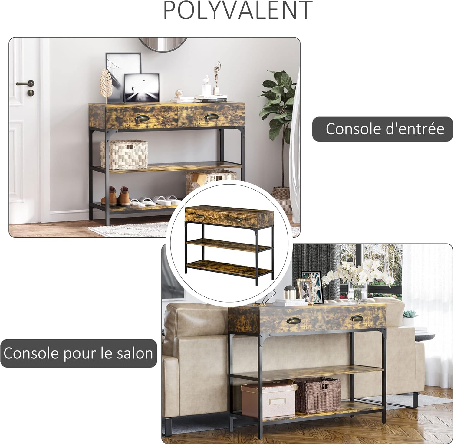 Collage showing the console table used as an entryway table and a living room console