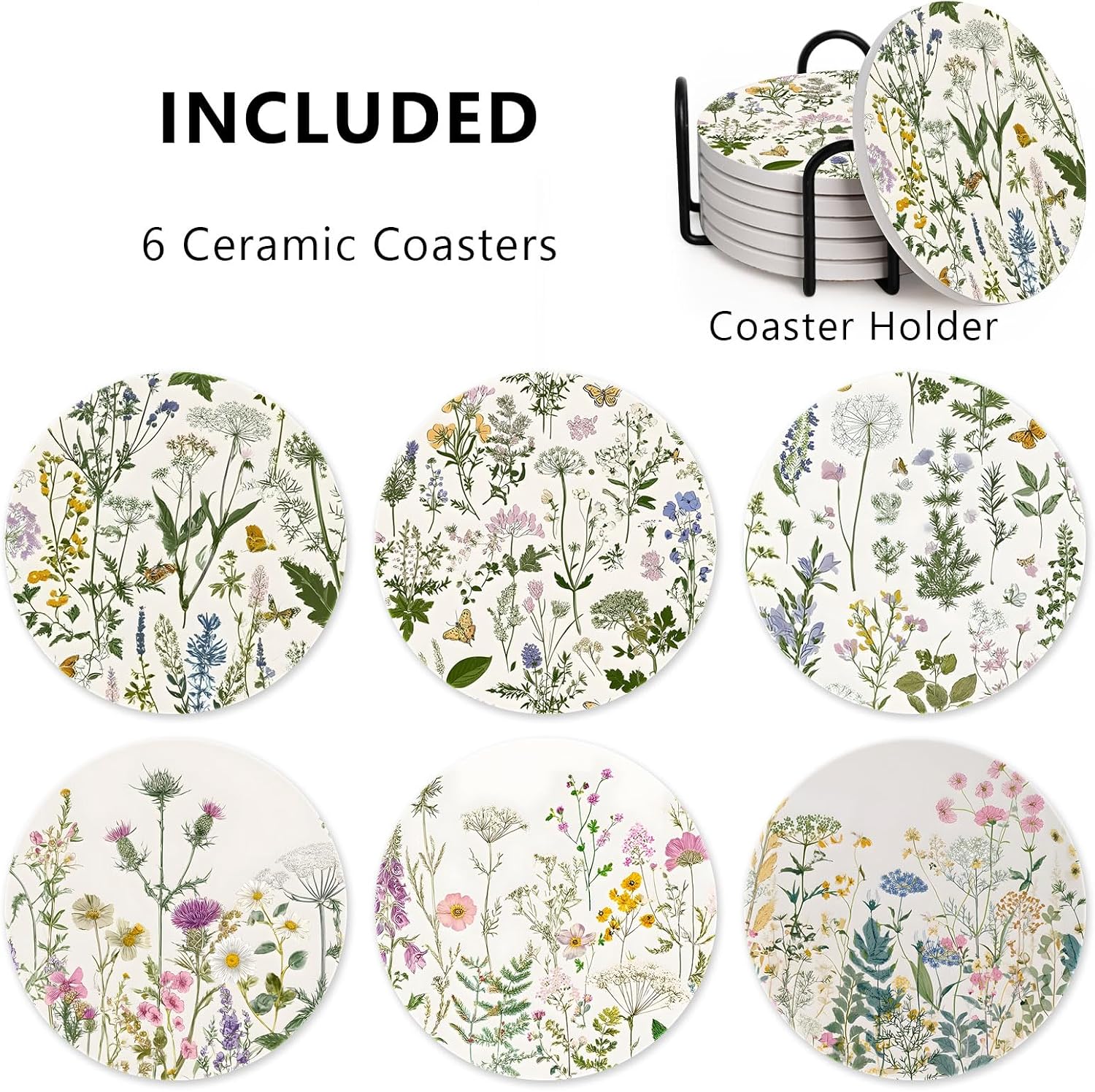 6Pcs Floral Coasters with Holder, Elegant Wildflowers Ceramic Round Absorbent Coaster Set of 6 for Drinks Coffee Table Cup Coaster Home Decor Tabletop Protection