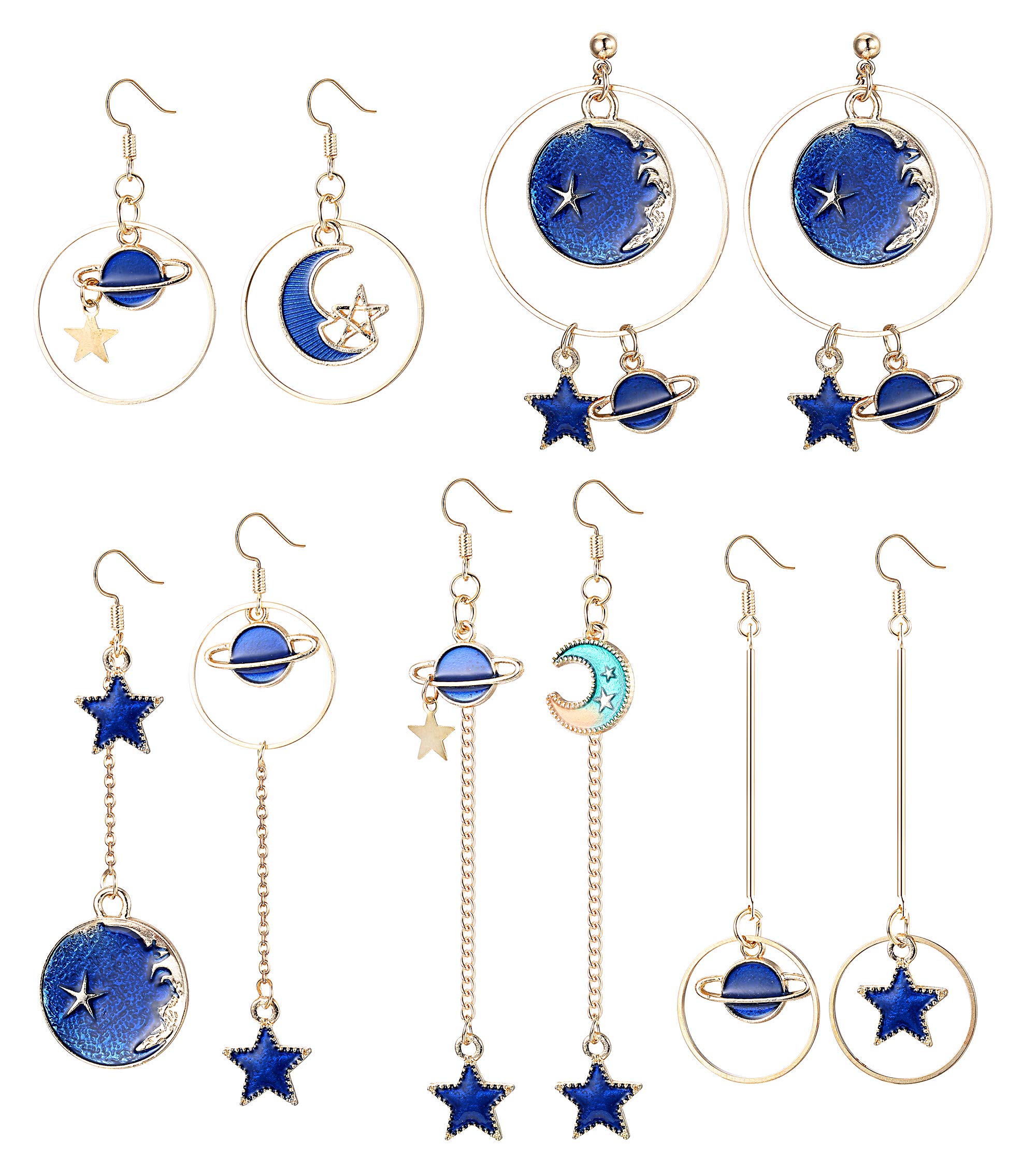YADOCA 5 Pares Moda Pendientes Para Mujer Niña Pendientes Luna y Estrella Azules Joyería de Acero Inoxidable