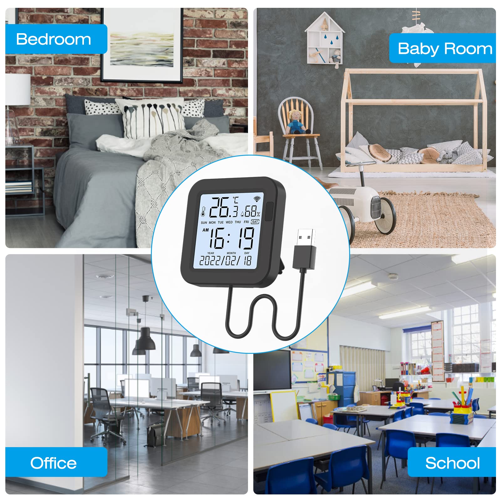 eMylo Termómetro Higrómetro WiFi Interior Exterior, Sensor Temperatura Digital con Control IR Universal, Medidor Temp/Humedad Retroiluminado, Compatible con Alexa Google Home