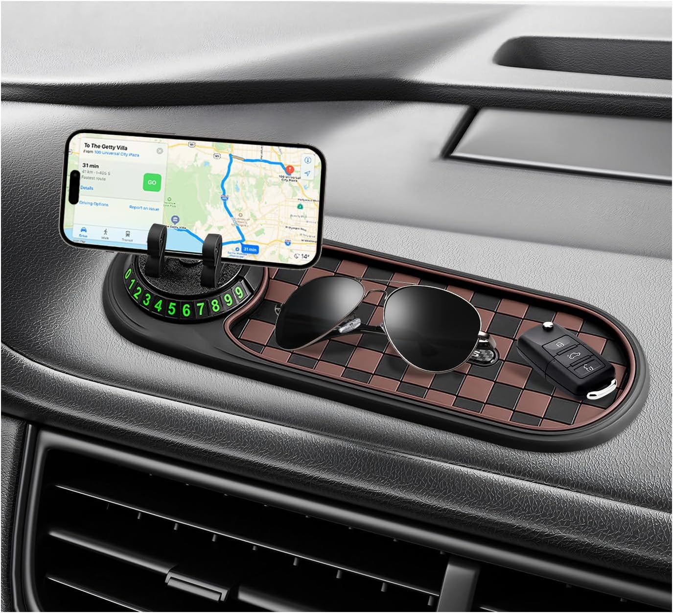 Sun Walker Car Phone Holder, 3-in-1 Dashboard Pad Rotatable Phone Holder with Temporary Parking Number, Large Car Storage Mat Phone Mount for Phones Sunglasses Keys (Black & Brown)