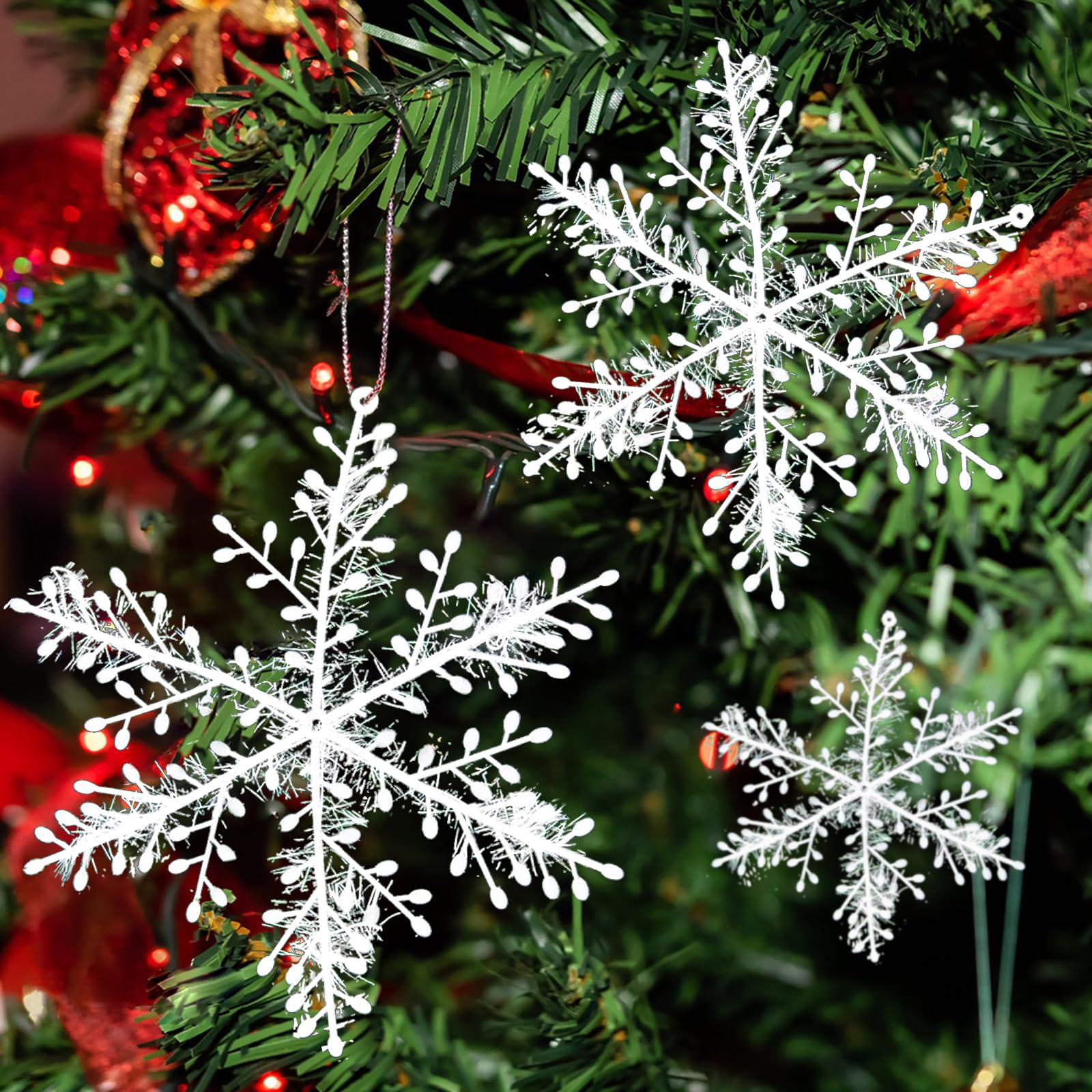 36 Fiocchi Di Neve Glitterati Per Albero Di Natale - 3 Dimensioni - Decorazioni Invernali Con Cordini