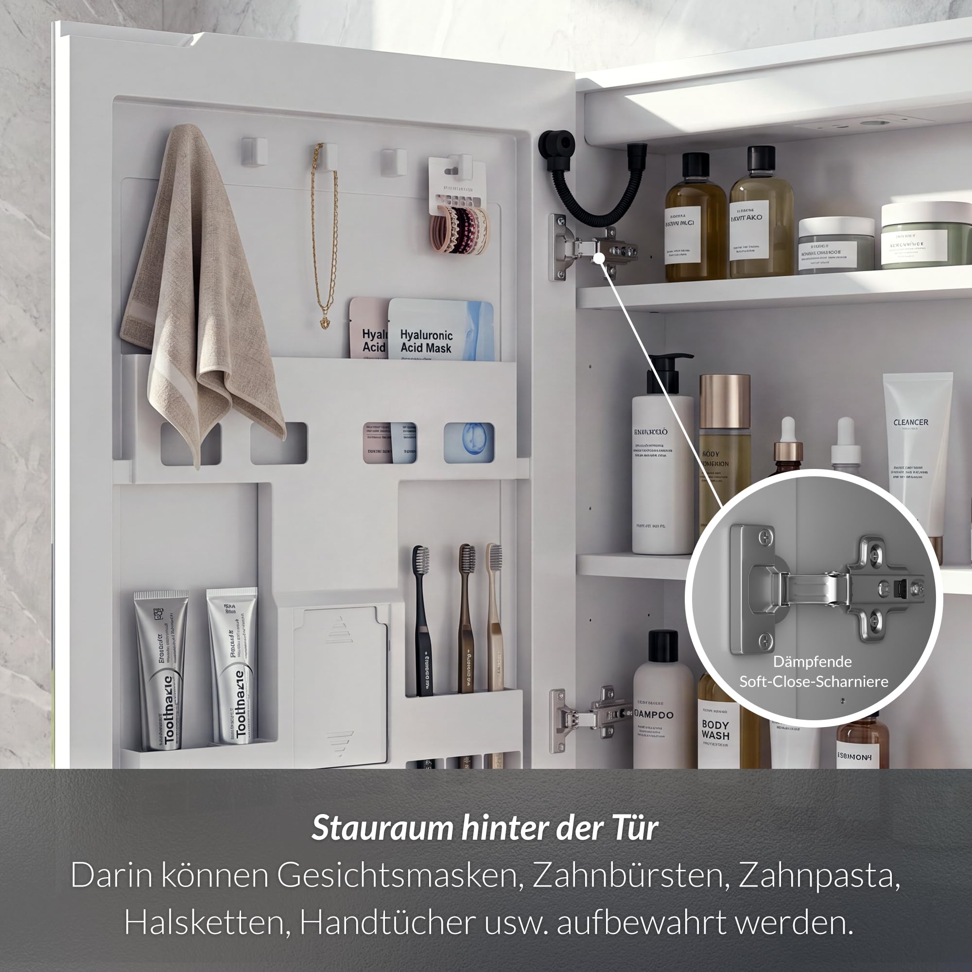 Spiegelschrank Bad mit Beleuchtung – 3 Farbtemperaturen dimmbar & verstellbare Böden, komplett vormontiert mit Steckdose (EU), Type-C & USB, Antibeschlag & IP44 – 95x60x14cm Weiß