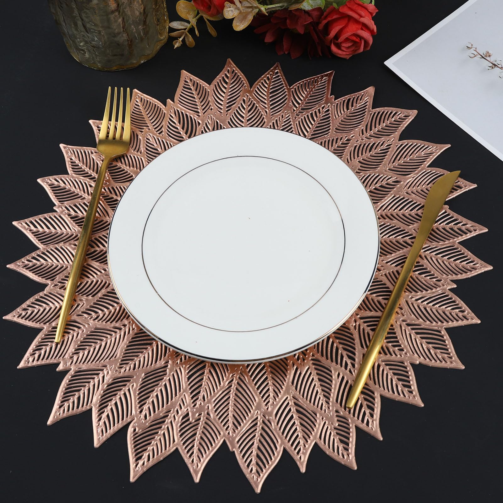 Mabbcoo Placemats Set of 6, Round Hollow Out Flowers Place Mats for Dining Table Pressed Vinyl Blooming Leaf Table Mats for Holiday Party Wedding Accent Centerpiece Dinner Table Decoration (Rose Gold)