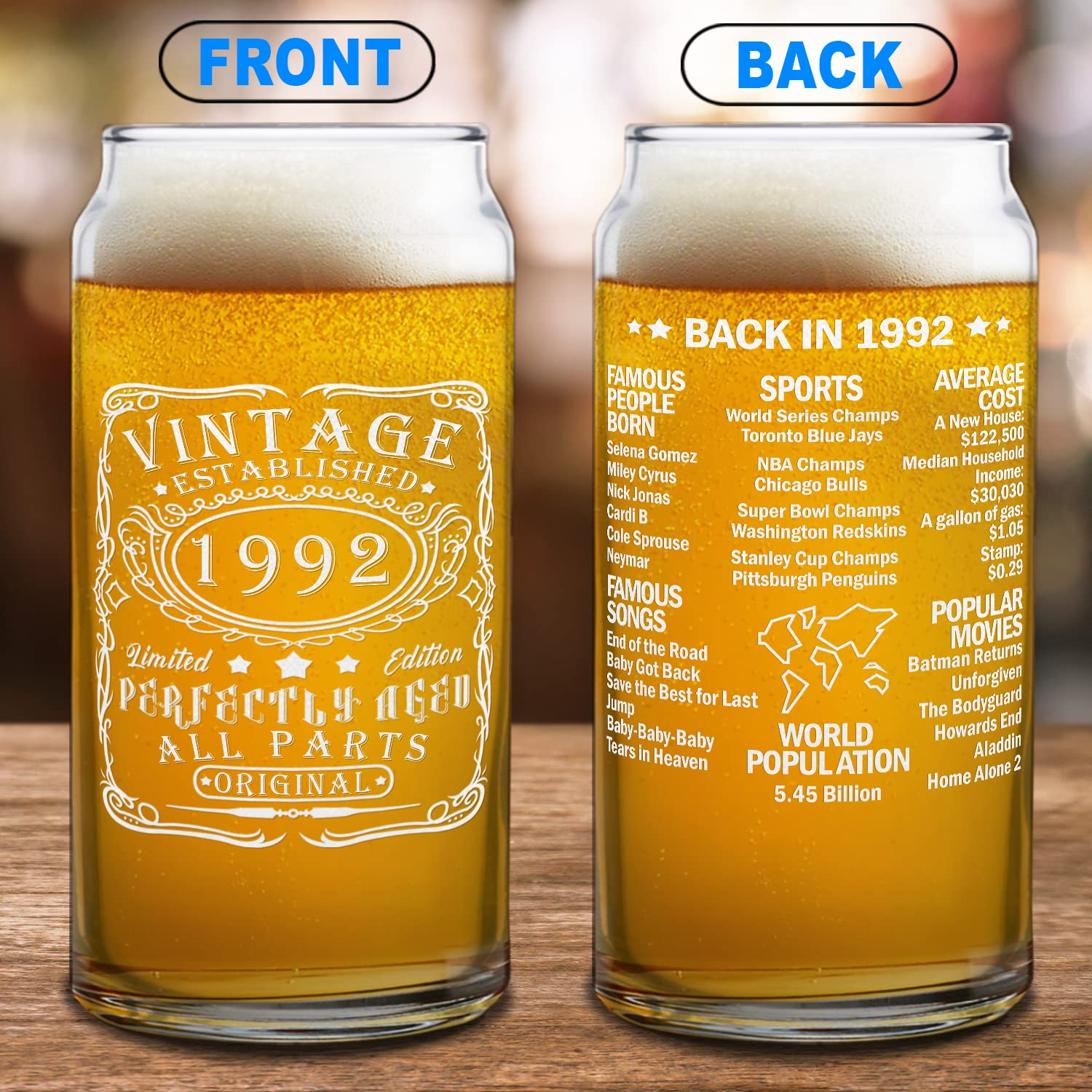 Cuptify 33rd Birthday Gift for Men and Women Perfectly Aged 33 Years Old 1992 Year in Review Decorations for Fathers Etched on 20 oz Can Drinking Glasses