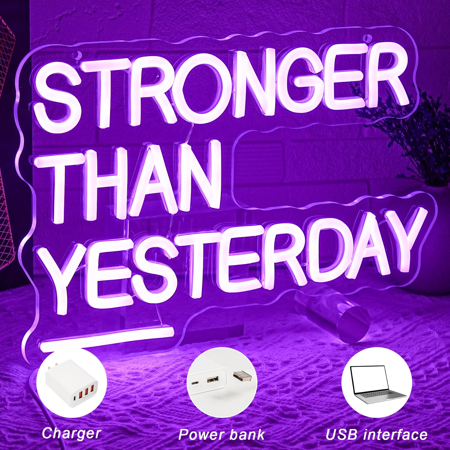 Neonowy znak "Stronger Than Yesterday" do dekoracji ścian, na siłownię, neonowy, jasnoróżowy, z możliwością ściemniania, zasilany przez USB, LED, do domu, siłowni, klubu, klasy