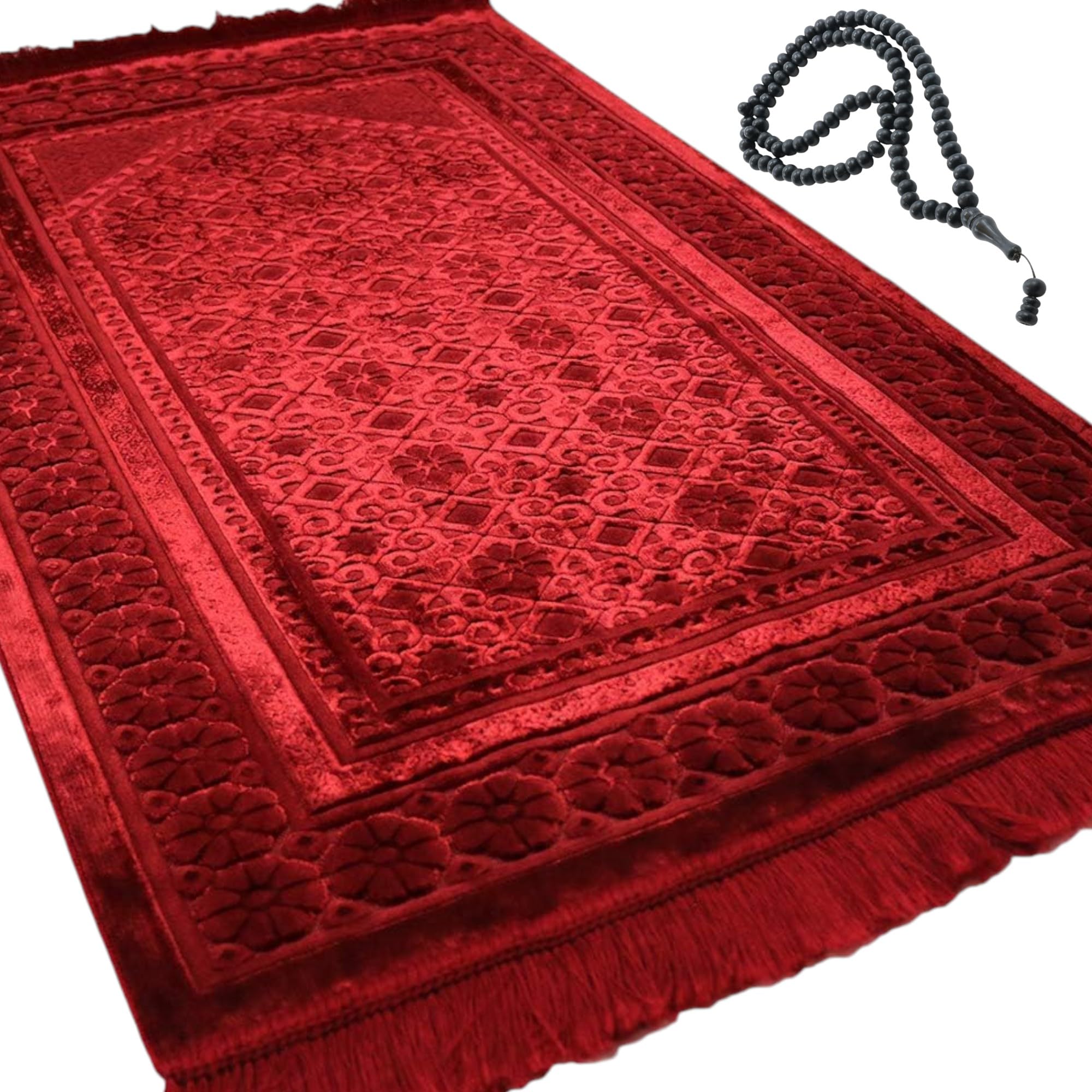 Modefa Velvet Prayer Rug - Soft Plush Turkish Janamaz Sajada Carpet for Men and Women - Plain Solid Prayer Mat Ramadan Eid Gift - with Prayer Beads - Luxury Floral Stamp (Red)