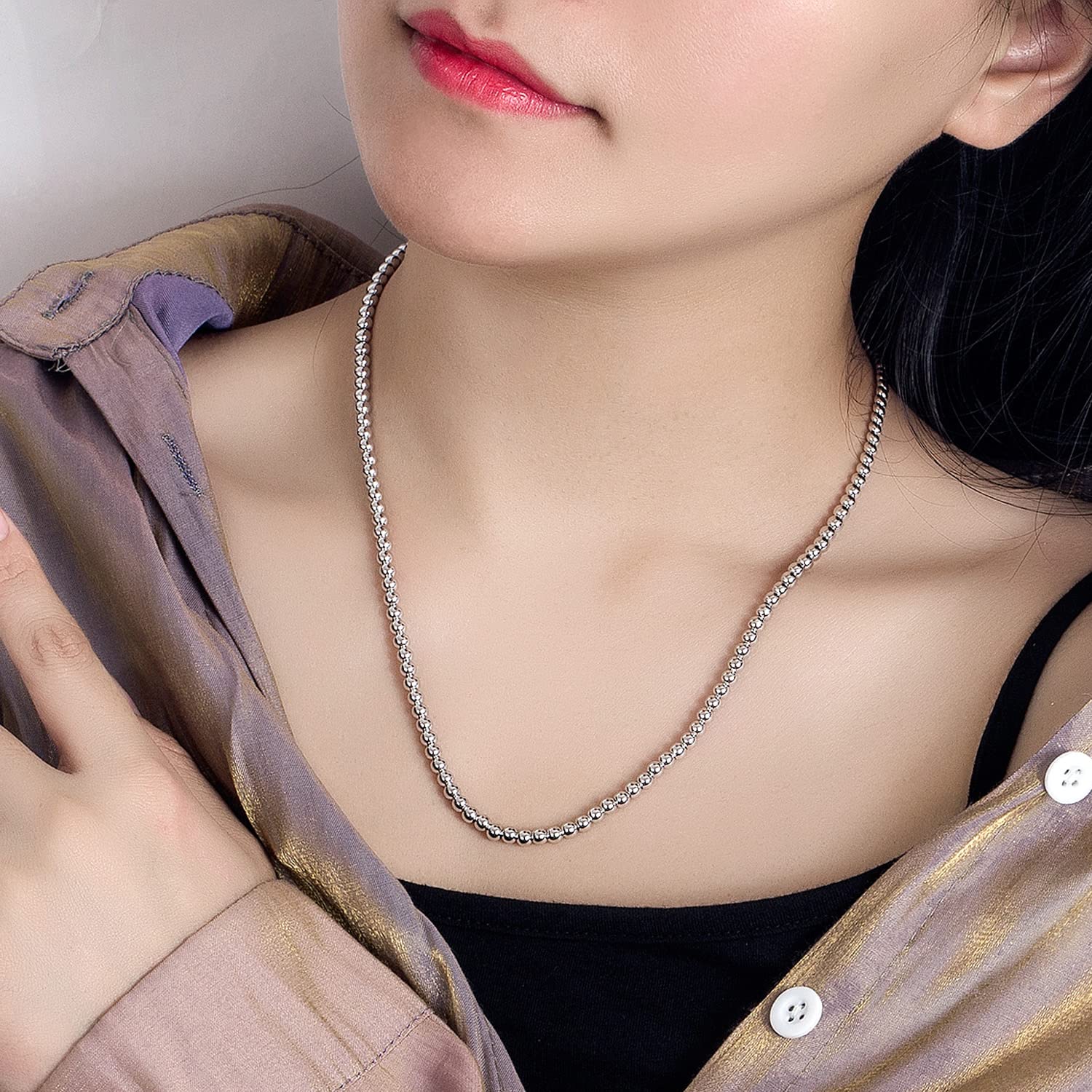 Dankadi Collana di perle in argento 925 largo 4 mm, 6 mm, senza e con ciondolo a forma di campanello, 18-32"/45-81 cm, collana di palline dorate, regalo per donna uomo