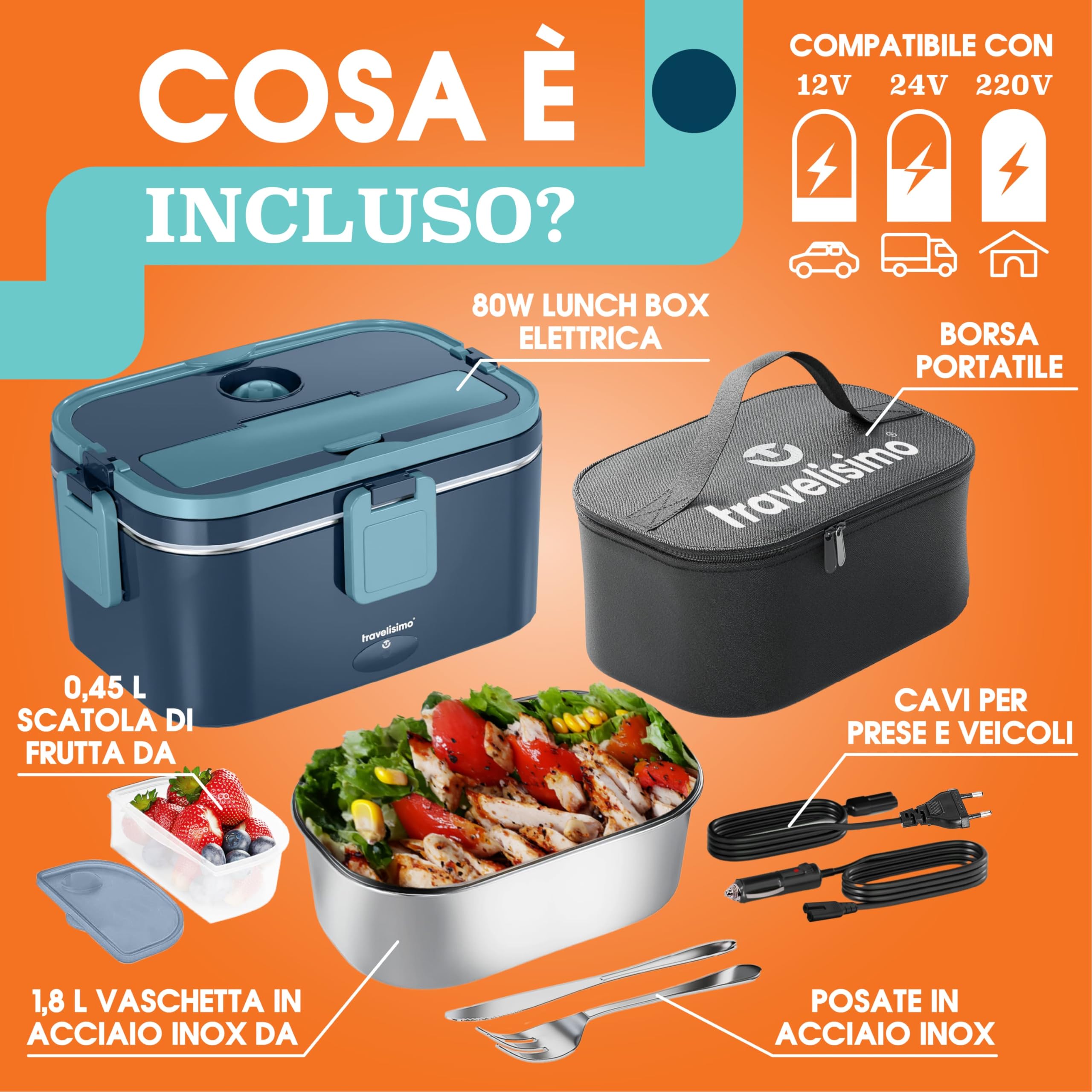 TRAVELISIMO Scaldavivande Elettrico Portatile Extra Grande 1,8L 80W Portapranzo Riscaldabile Portatile, 220V/12V/24V Scalda Vivande Portatile Elettrico per Viaggio e Lavoro, Porta Pranzo Riscaldabile