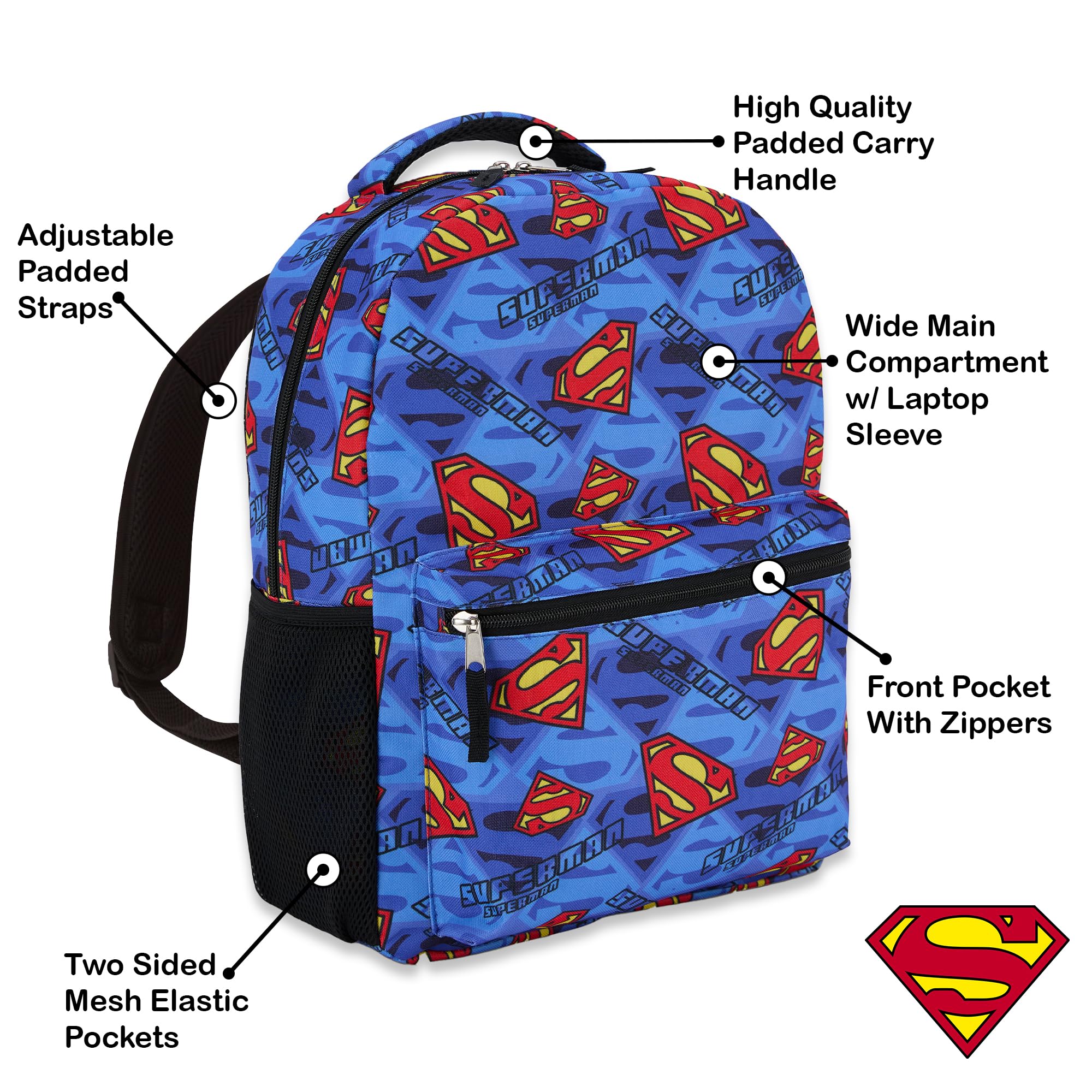 DC Comics Zaino per bambini, motivo: Batman, Superman, The Joker, per ragazzi e ragazze, per la scuola