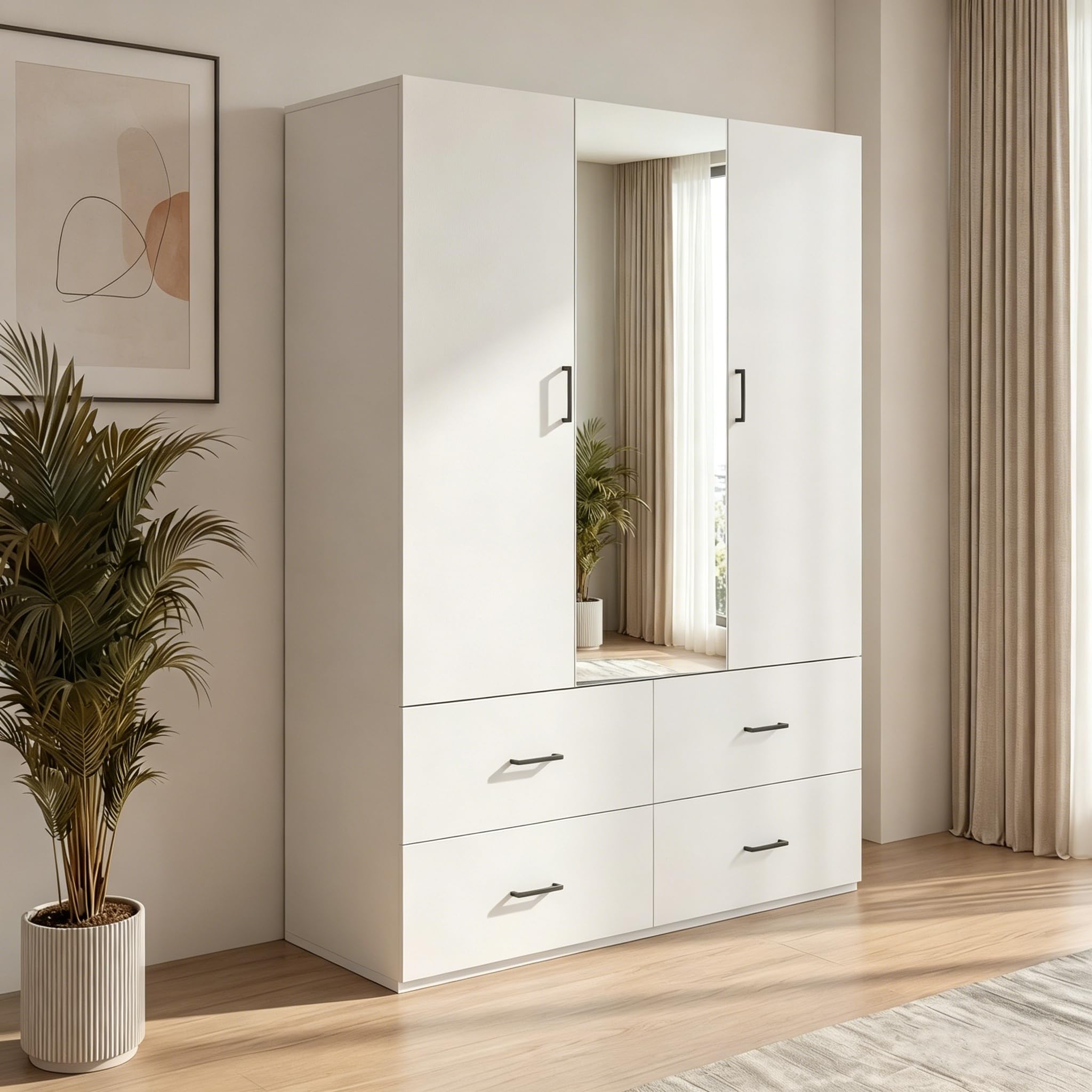 Armadio con Specchio, Armadio per Camera da Letto con 2 Ante e 4 Cassetti, Armadio moderno, Armadio in legno laminato, 130x51.8x181.5 cm, Bianco (Specchio al centro, 130x51.8x181.5 cm)