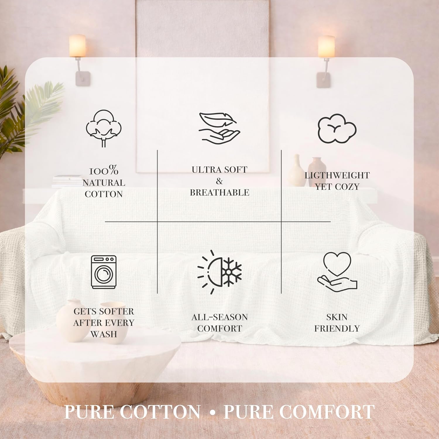 Washable Couch Cover%100 Cotton - Perfect for L-Shape, U-Shape & Sectional Sofas, Waffle Couch Cover, Extra Large Sofa Cover, 3, 4 Seater Slip Cover (Cream, 71x134 inches - 180x340 cm)