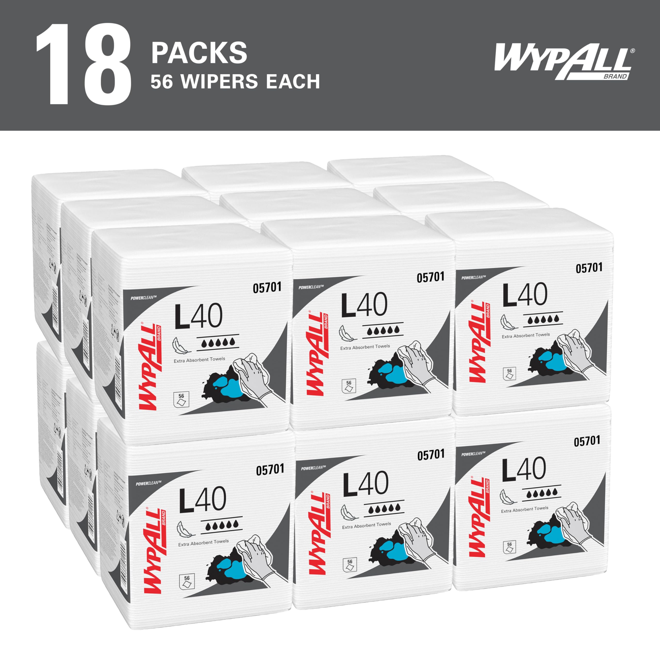 WypAll® L40 Extrasaugfähige Tücher 7471, besonders weiche, schnell absorbierende Einmaltücher, 18 Packungen x 56 viertelgefaltete Tücher (insges. 1.008)