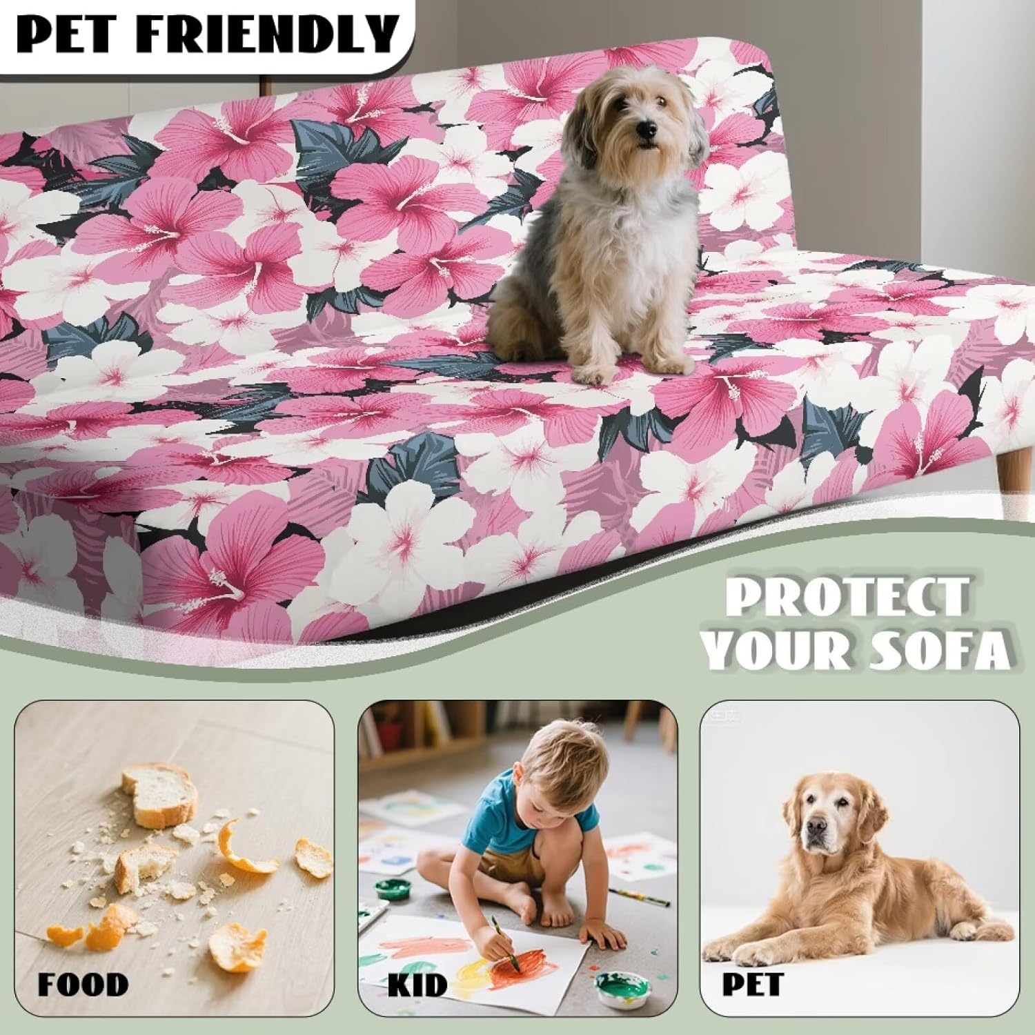 Armless Futon Cover Tropical Flowers Stretch Armless Sofa Futon Slipcover with Elastic Bottom Polyester Washable Furniture Protector for Kids, Pets