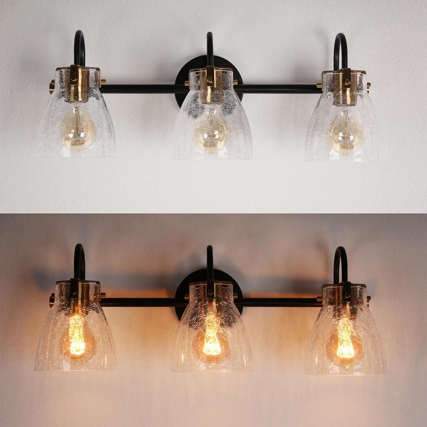 KSANA Bathroom Light Fixtures, 3 Light Black and Gold Vanity Lights for Bathroom with Clear Cracked Glass Shade, 22.4'' Modern Brass Bathroom Lights Over Mirror