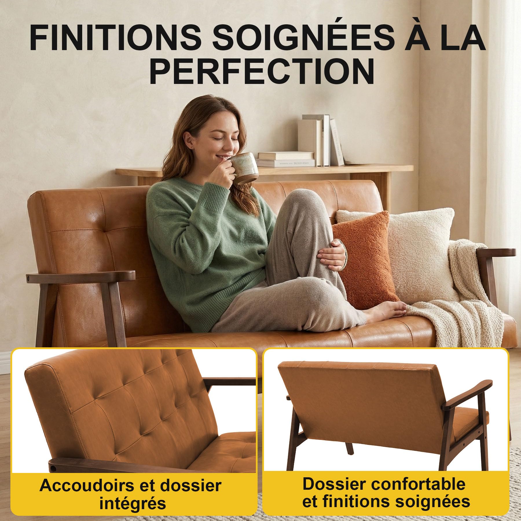 Canapé 2 Places en Simili Cuir avec Accoudoirs, Bois Massif