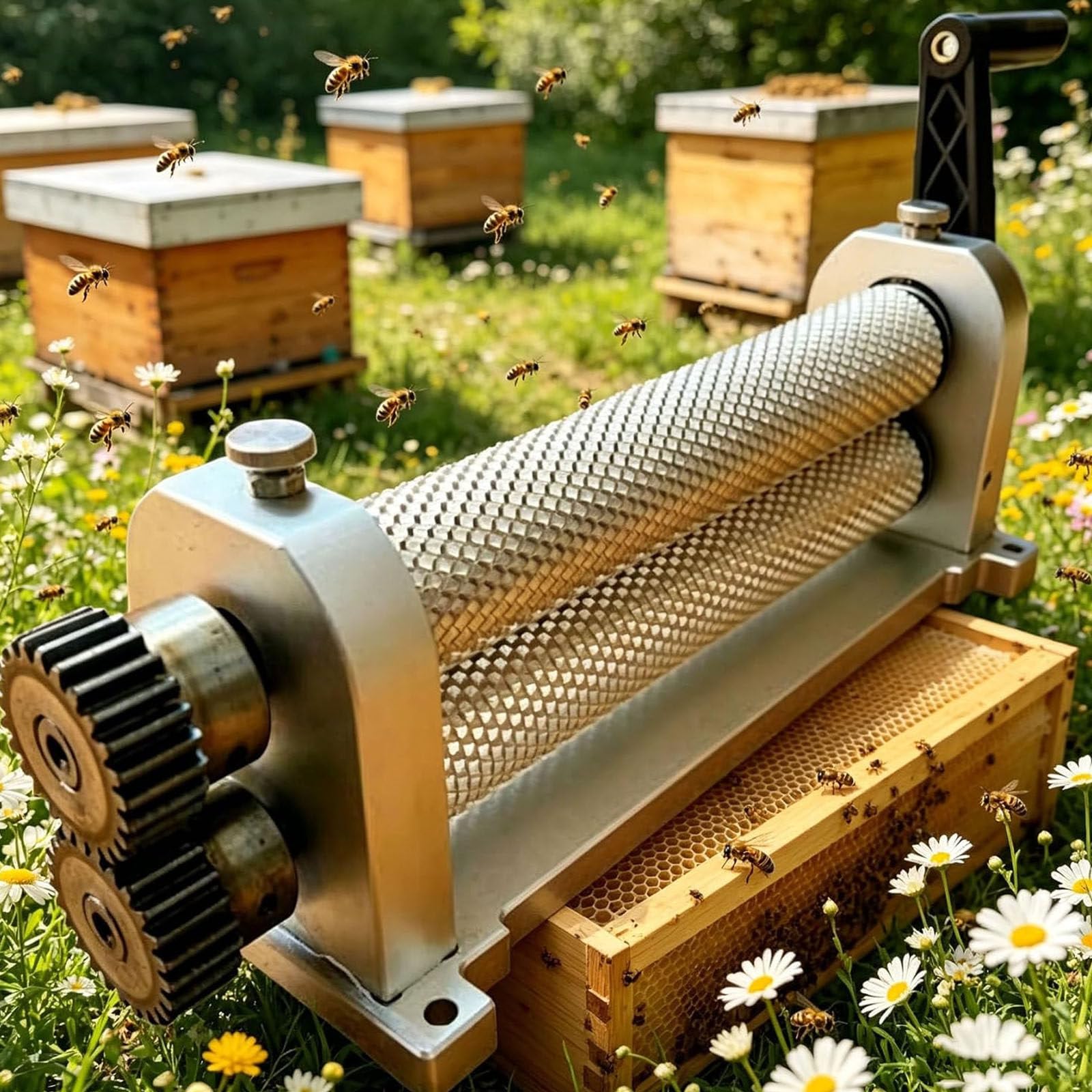 ZXSYYDS Manual Beeswax Comb Foundation Roller Mill Machine,280mm Bee Wax Sheet Roller Mills Machine, Aluminum Alloy Honeycombs Printing Stamper, for Beekeeping Hive 5.4mm